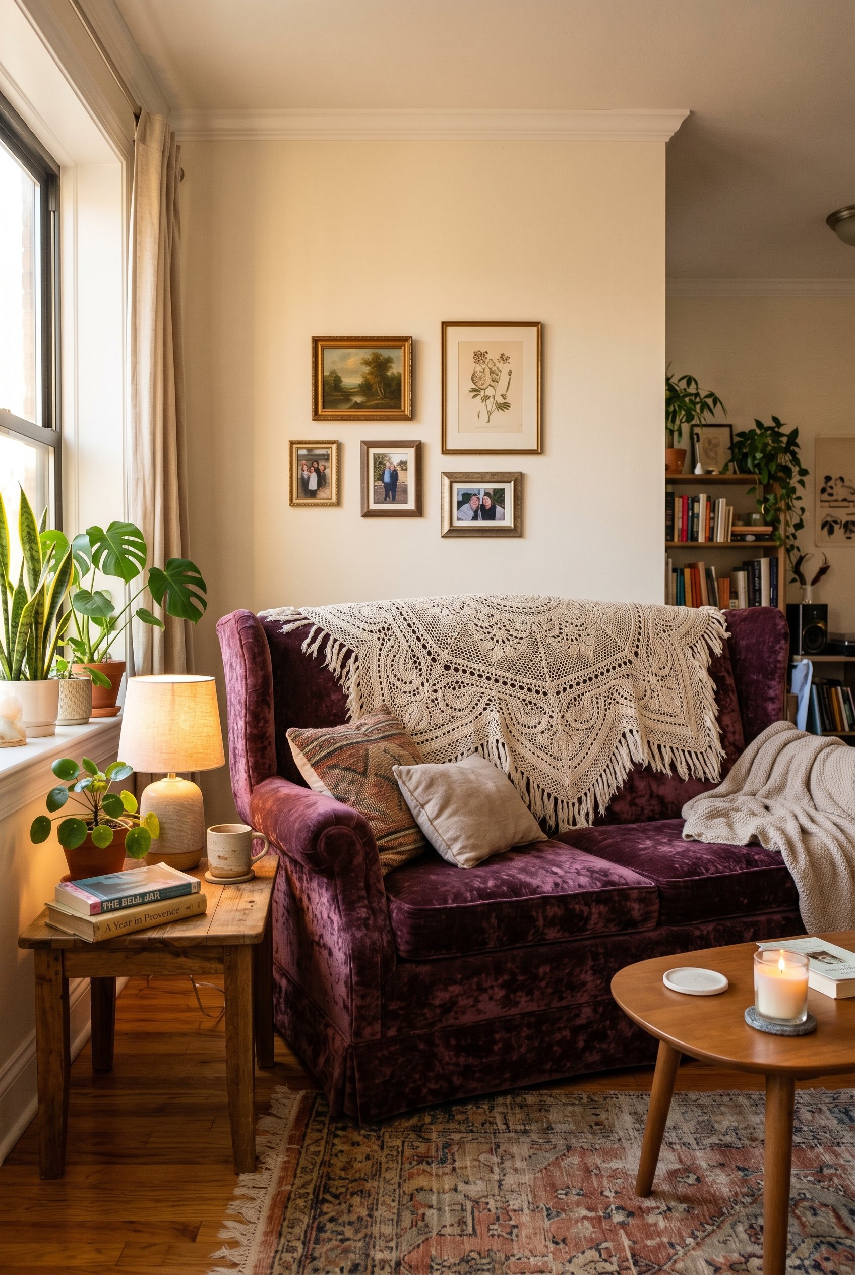 Photorealistic interior photo. Deep plum crushed velvet sofa with a vintage crocheted lace blanket draped over the back. Warm golden hour lighting, eye-level camera angle. Editorial photography style,
