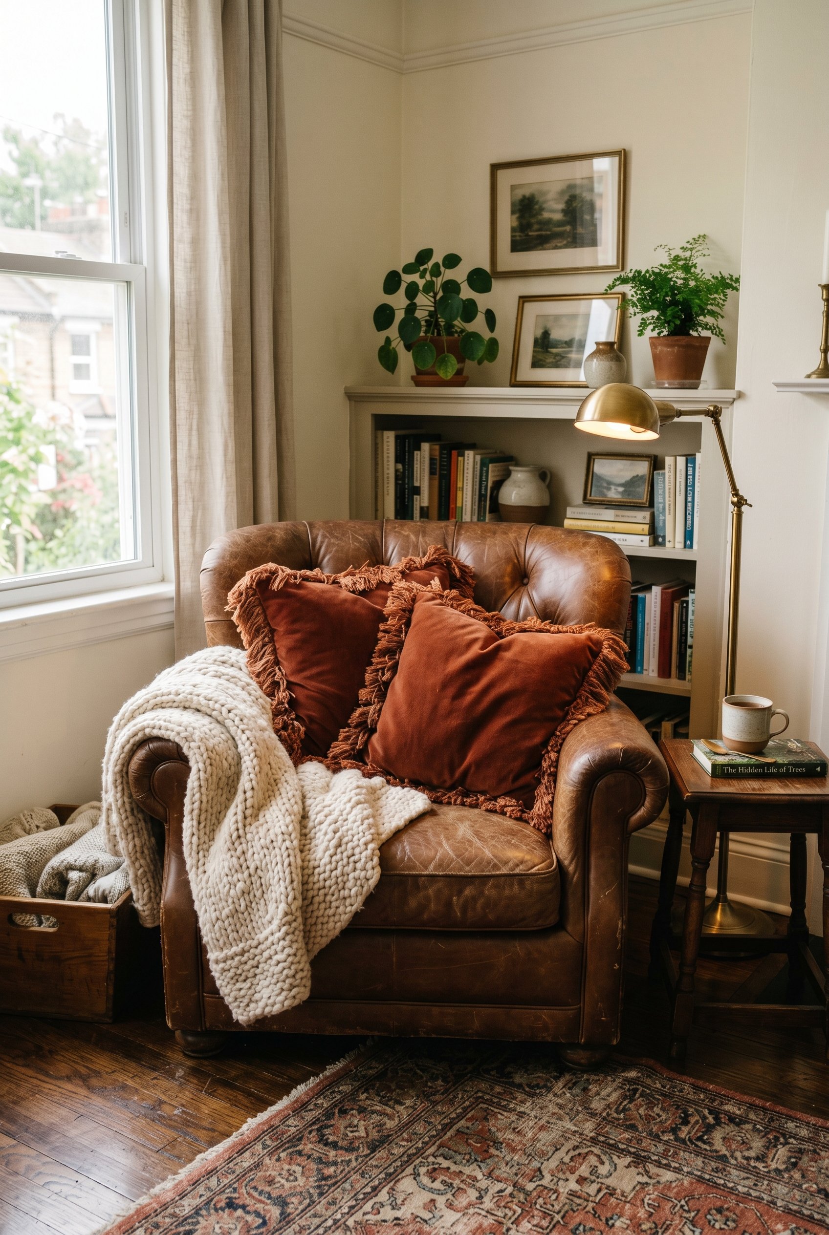 Photorealistic interior photo. Deep rust velvet throw pillows with heavy fringe and a chunky knit blanket draped over a vintage leather armchair. Editorial photography style, cozy atmosphere, no peopl