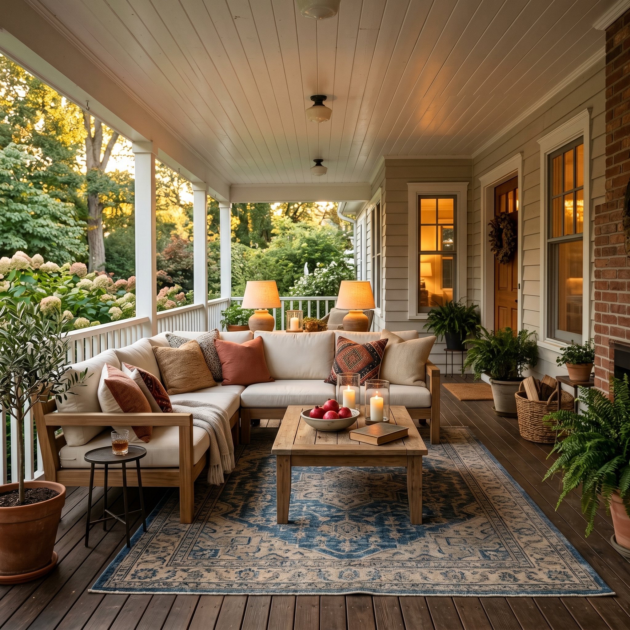 Photorealistic interior photo. Deep wraparound porch styled like a living room, heavy teak outdoor sofa, patterned rug, table lamps, golden hour light. Editorial photography style, no people visible.