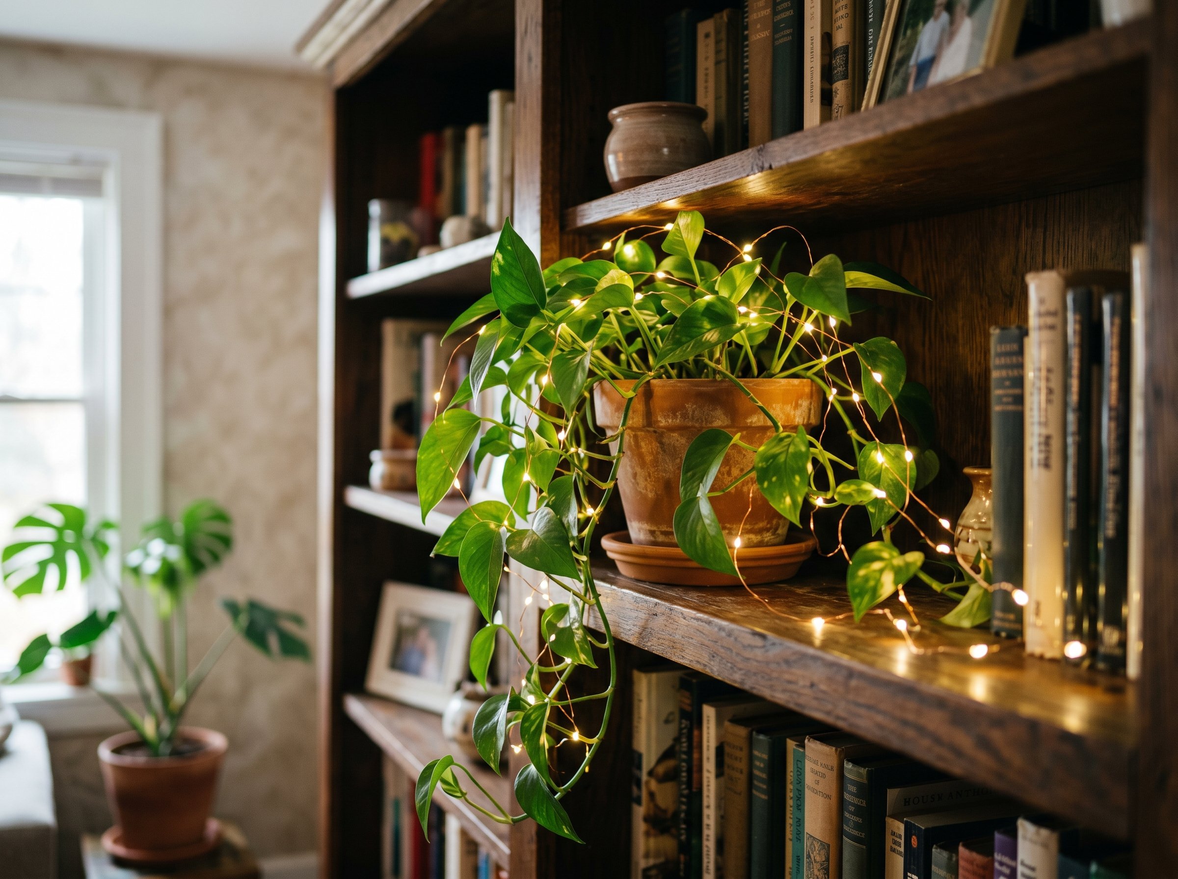 Photorealistic interior photo. Delicate copper wire warm-white micro fairy lights woven through a lush green pothos plant on a dark wooden bookshelf. Editorial photography style, glowing magical light