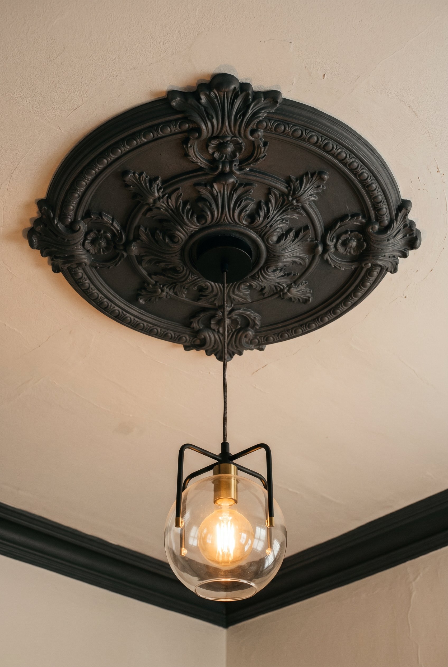 Photorealistic interior photo. Detailed ornate polyurethane ceiling medallion painted dark charcoal grey above a modern light fixture, dramatic shadows, straight-up camera angle. Editorial photography