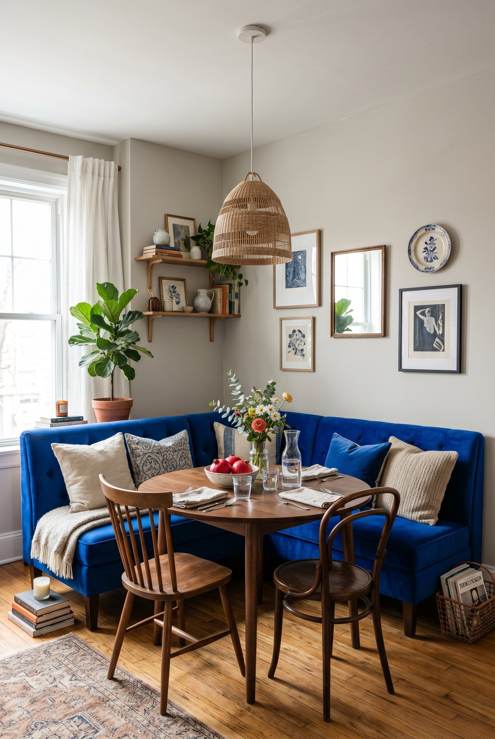 Photorealistic interior photo. Dining room featuring a fully upholstered dining banquette in striking Yves Klein cobalt blue velvet. Neutral surrounding walls. Editorial photography style, no people v