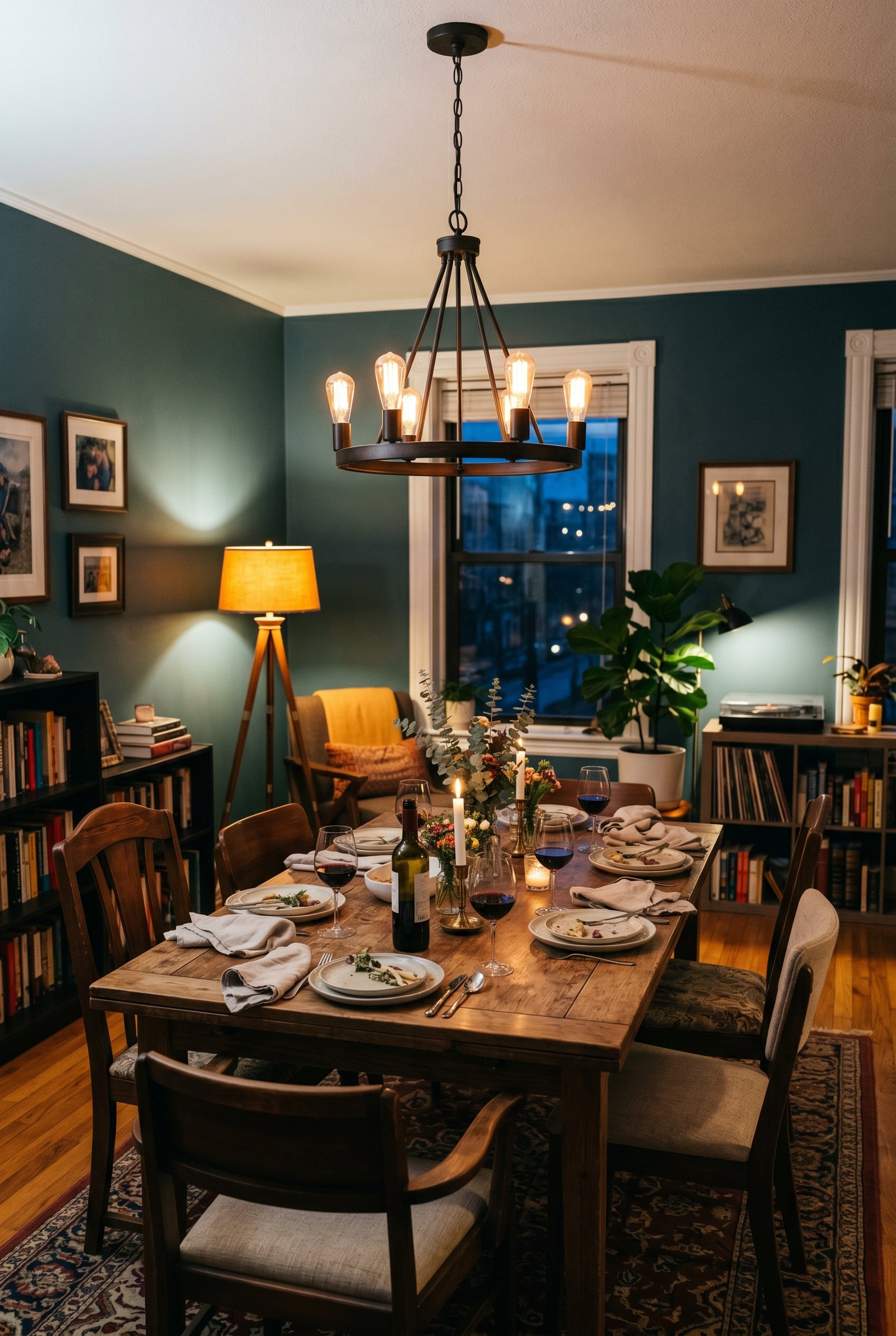 Photorealistic interior photo. Dining room lit by dimmed smart bulbs, showing a warm 20% glow from the chandelier and amber light from a corner floor lamp. Evening dinner party atmosphere. Editorial p