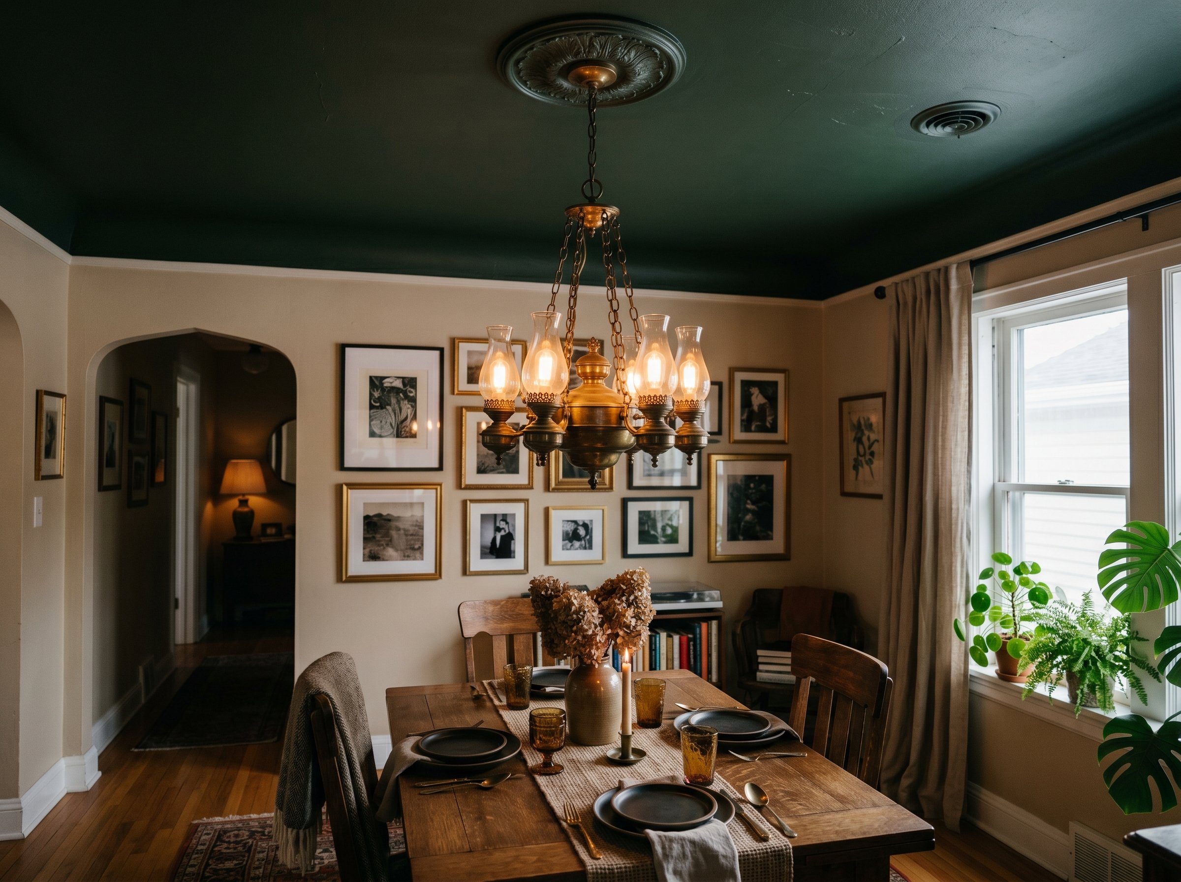Photorealistic interior photo. Dining room looking up towards a ceiling painted dark forest green, featuring a heavy vintage brass chandelier. Editorial photography style, moody atmosphere, rich textu