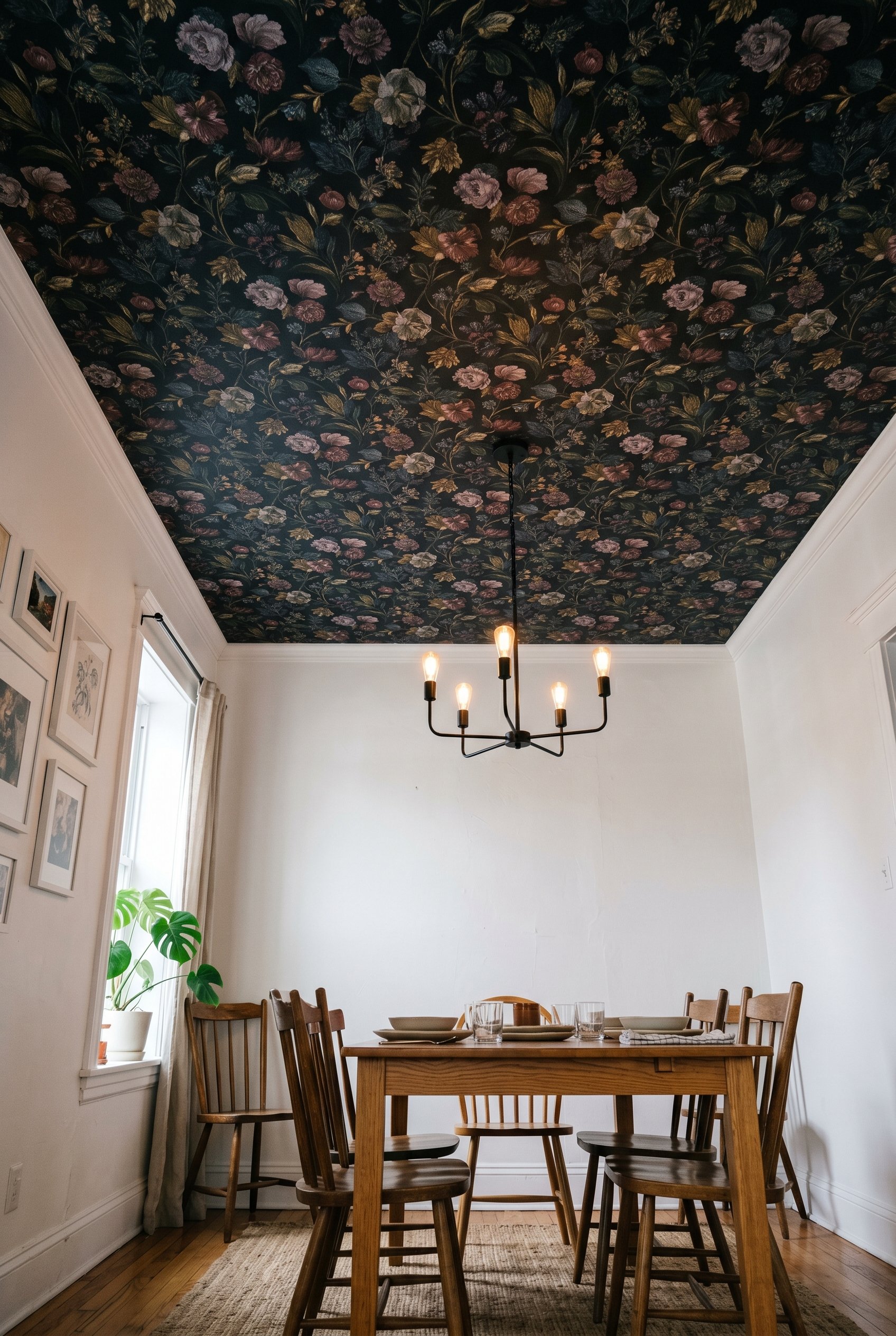 Photorealistic interior photo. Dining room looking up towards a ceiling covered in dark moody floral peel-and-stick wallpaper. White walls, simple modern chandelier. Editorial photography style, low a