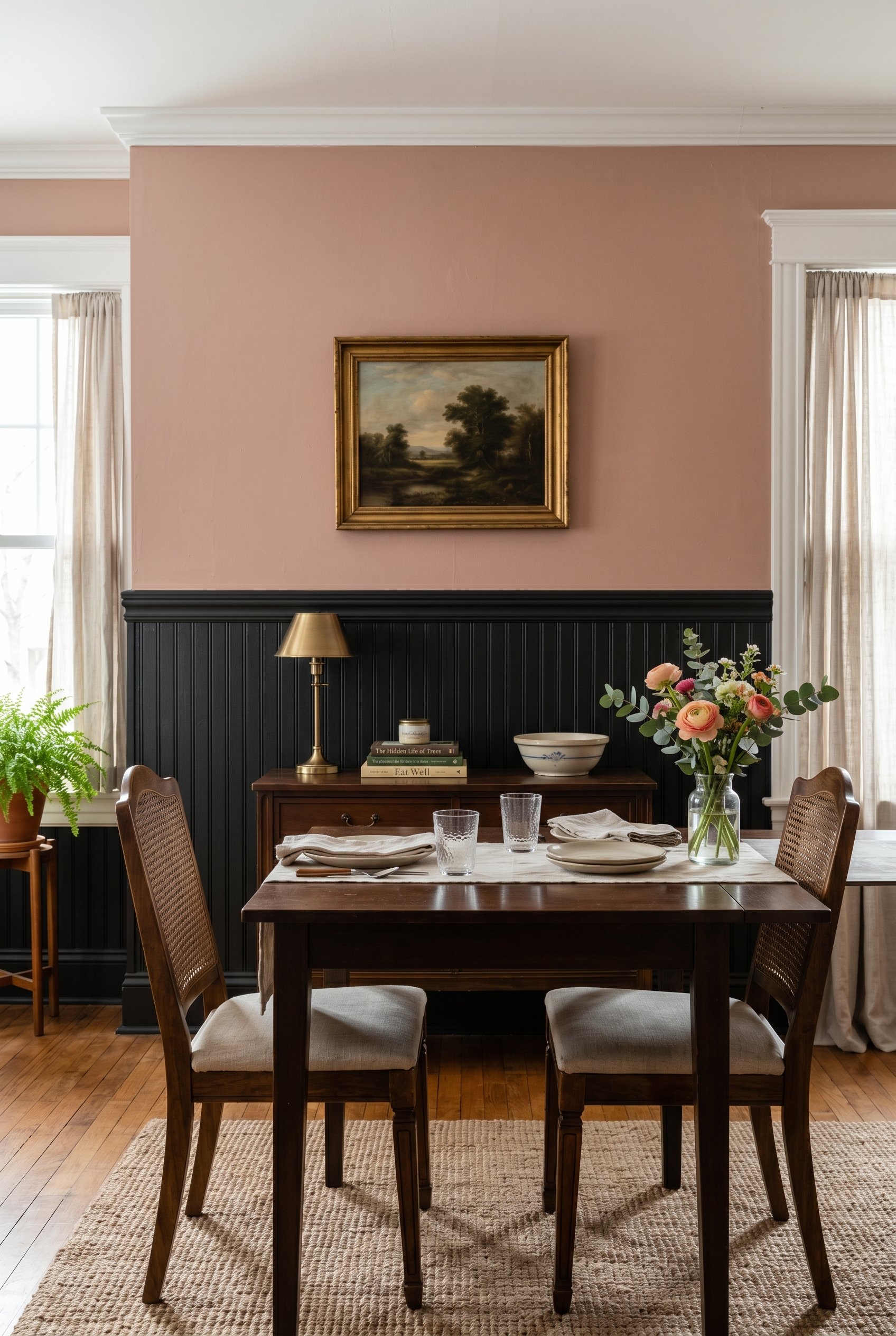 Photorealistic interior photo. Dining room wall with soft black beadboard on the bottom third and dusty rose paint on the top, classic traditional style, soft daylight, straight-on camera angle. Edito