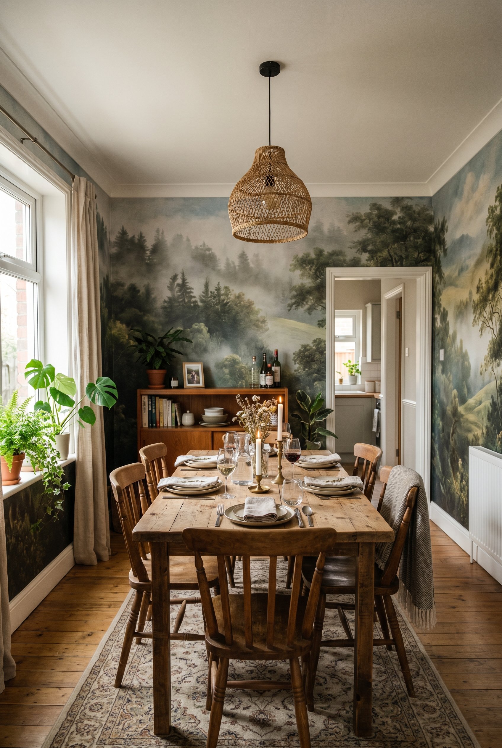 Photorealistic interior photo. Dining room walls completely covered in a panoramic scenic mural of a misty, surreal vintage forest landscape. Editorial photography style, grand and magical atmosphere,