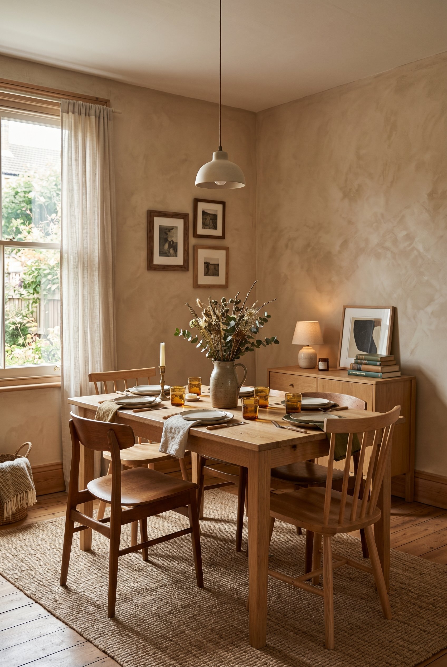Photorealistic interior photo. Dining room walls finished in raw, cloudy Roman Clay plaster texture. Warm earthy beige tones. Minimalist wooden table. Editorial photography style, no people visible.