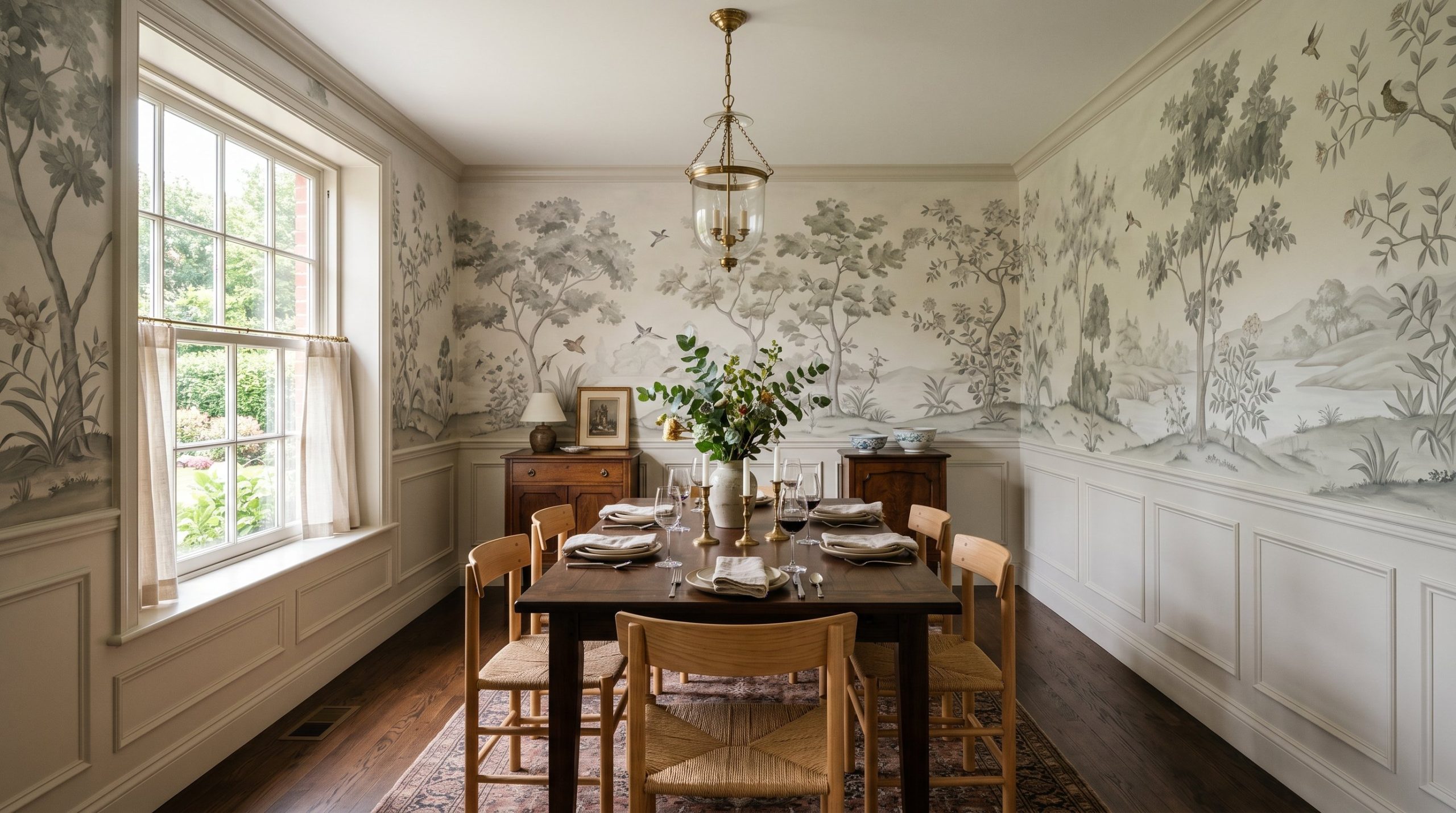 Photorealistic interior photo. Dining room with scenic hand-painted mural wallpaper depicting muted trees, elegant wainscoting, bright daylight, wide shot. Editorial photography style, no people visib