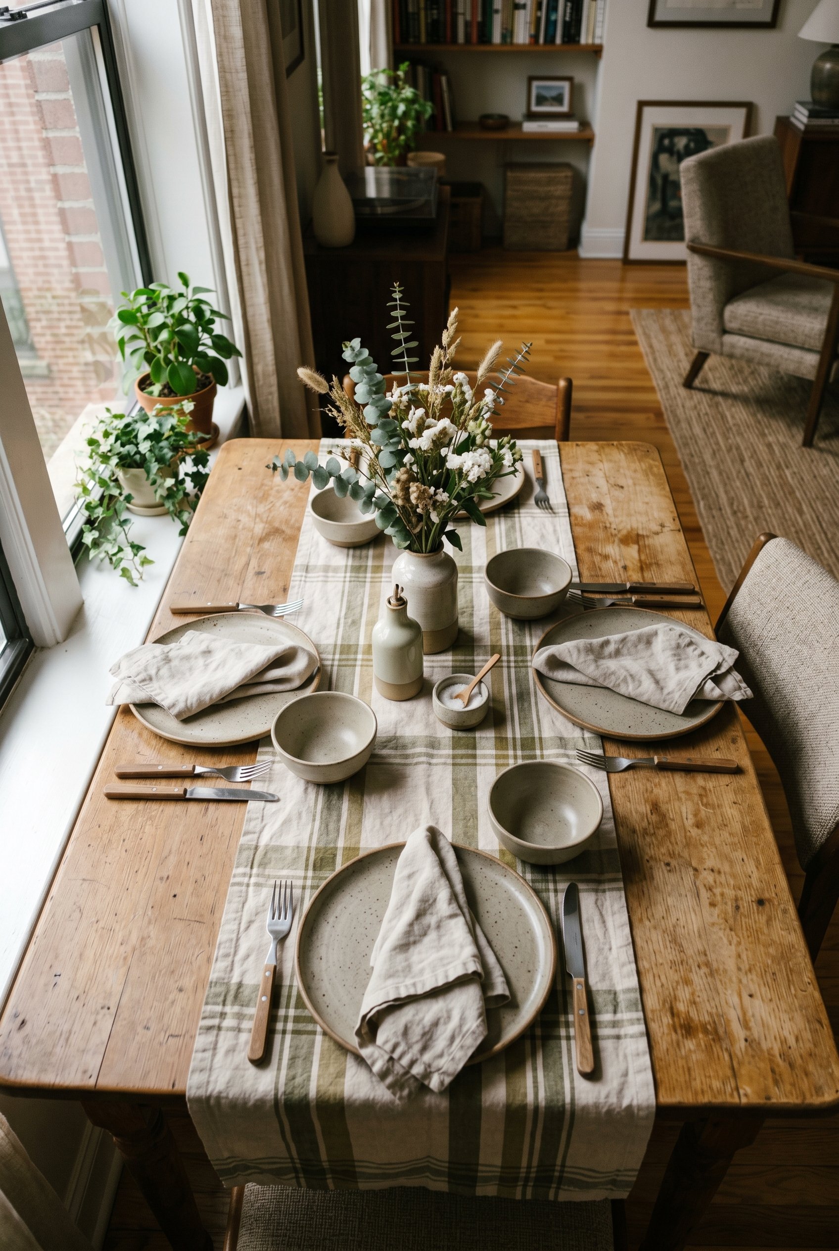 Photorealistic interior photo. Dining table set with a subtle washed linen plaid runner in olive green and beige, matte ceramic plates, soft natural window light, high-angle flat lay style. Editorial 