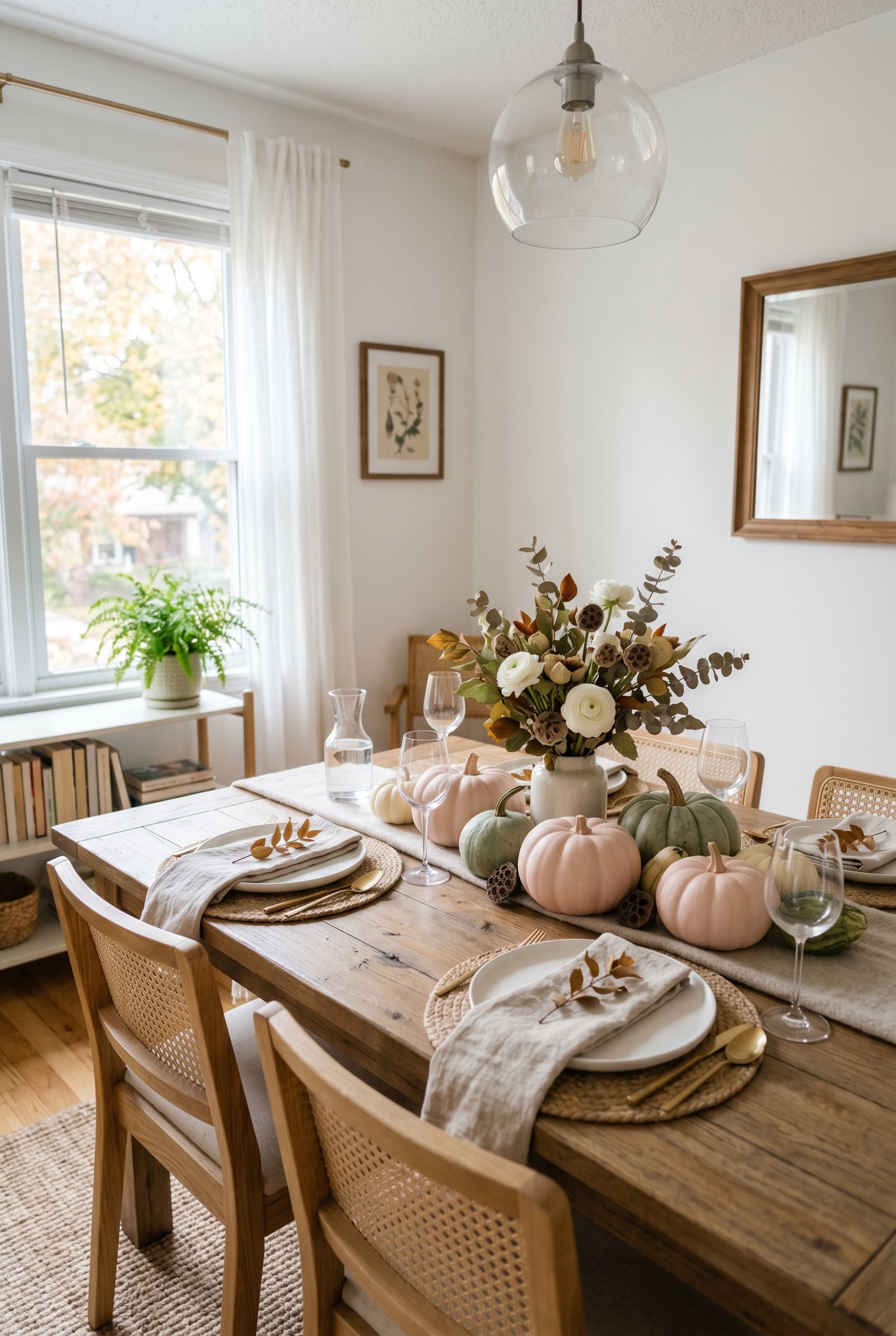 Photorealistic interior photo. Dining table styled with pale pink Porcelain Doll pumpkins and sage green gourds, matte white plates, bright and airy pastel autumn lighting, 45-degree angle. Editorial 