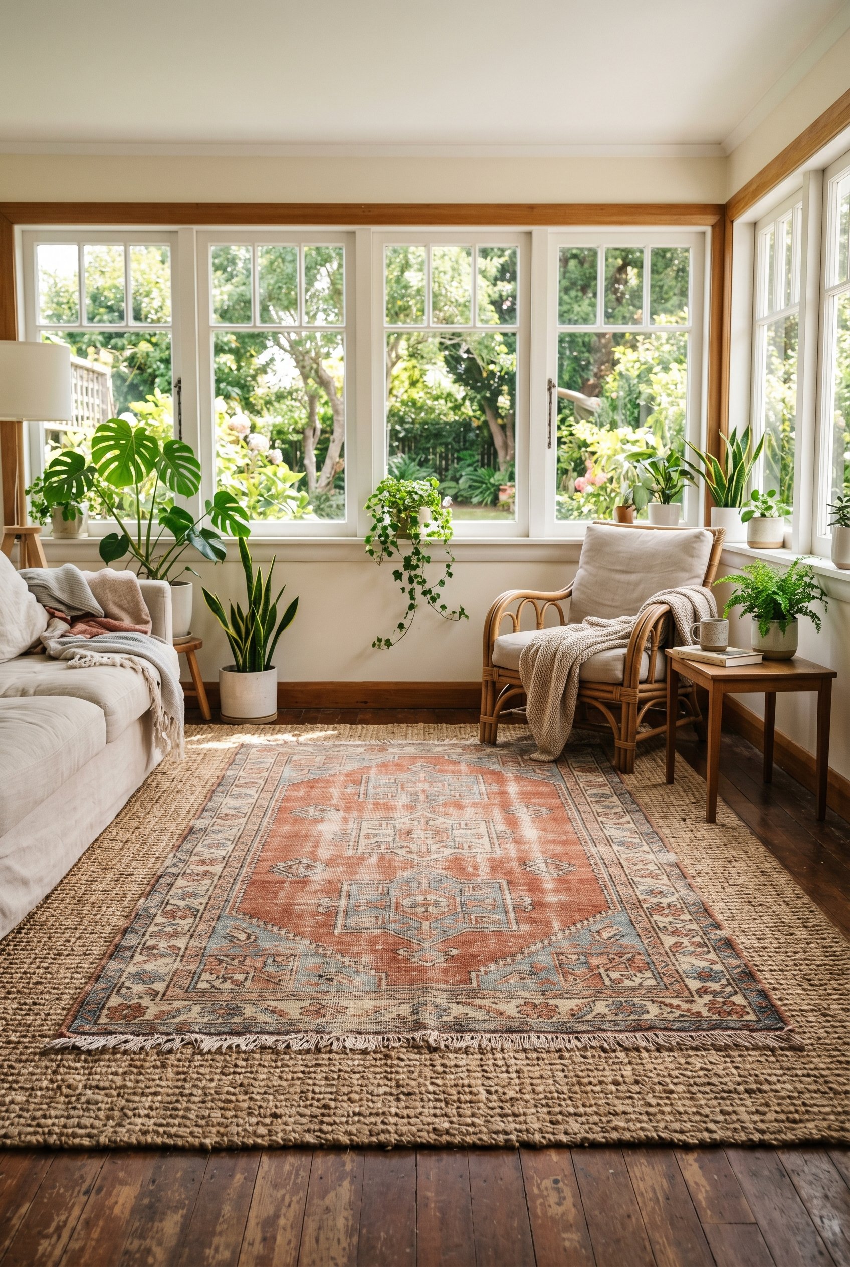 Photorealistic interior photo. Distressed vintage Turkish rug in faded rust colors layered over a thick natural jute rug, sunroom floor setting. Editorial photography style, no people visible.