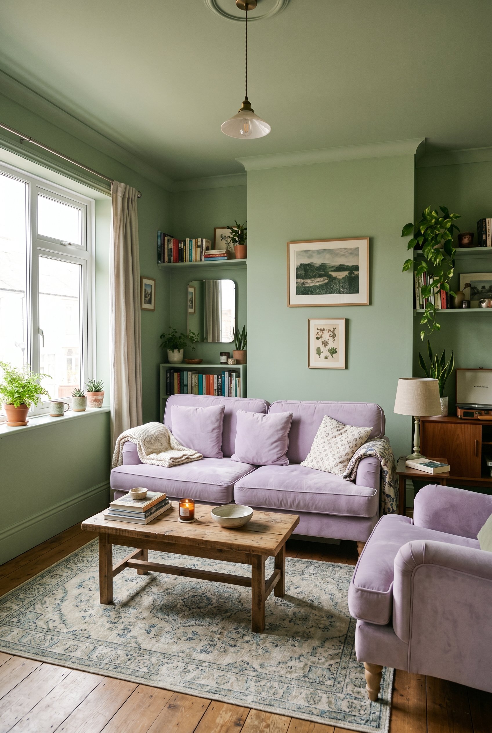 Photorealistic interior photo. Dreamy living room with walls and baseboards painted entirely in a muted dusty pistachio green, featuring pale lavender velvet seating. Editorial photography style, soft