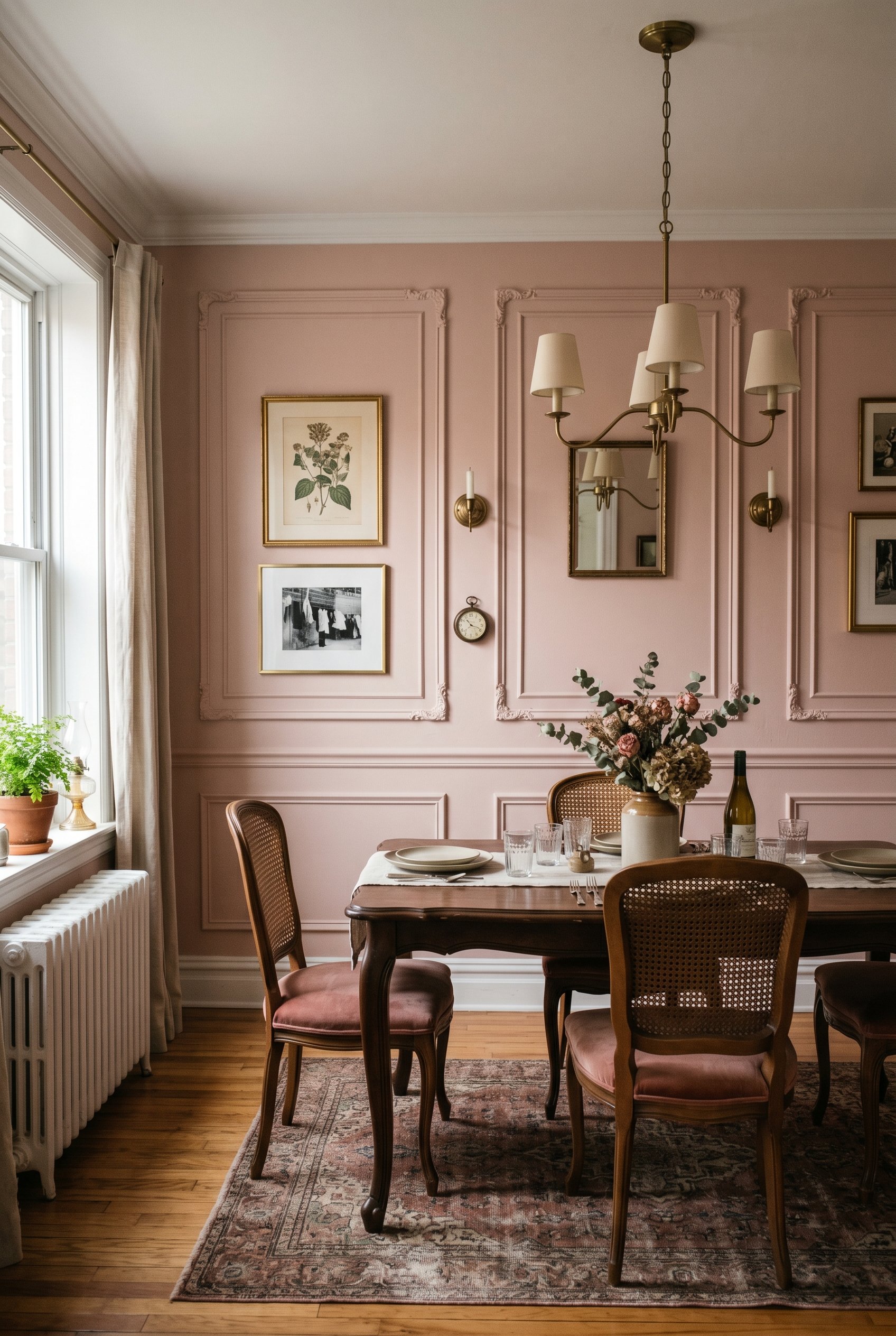 Photorealistic interior photo. Dusty rose dining room walls featuring intricate DIY picture frame molding, catching soft afternoon light, elegant Parisian style, straight-on camera angle. Editorial ph
