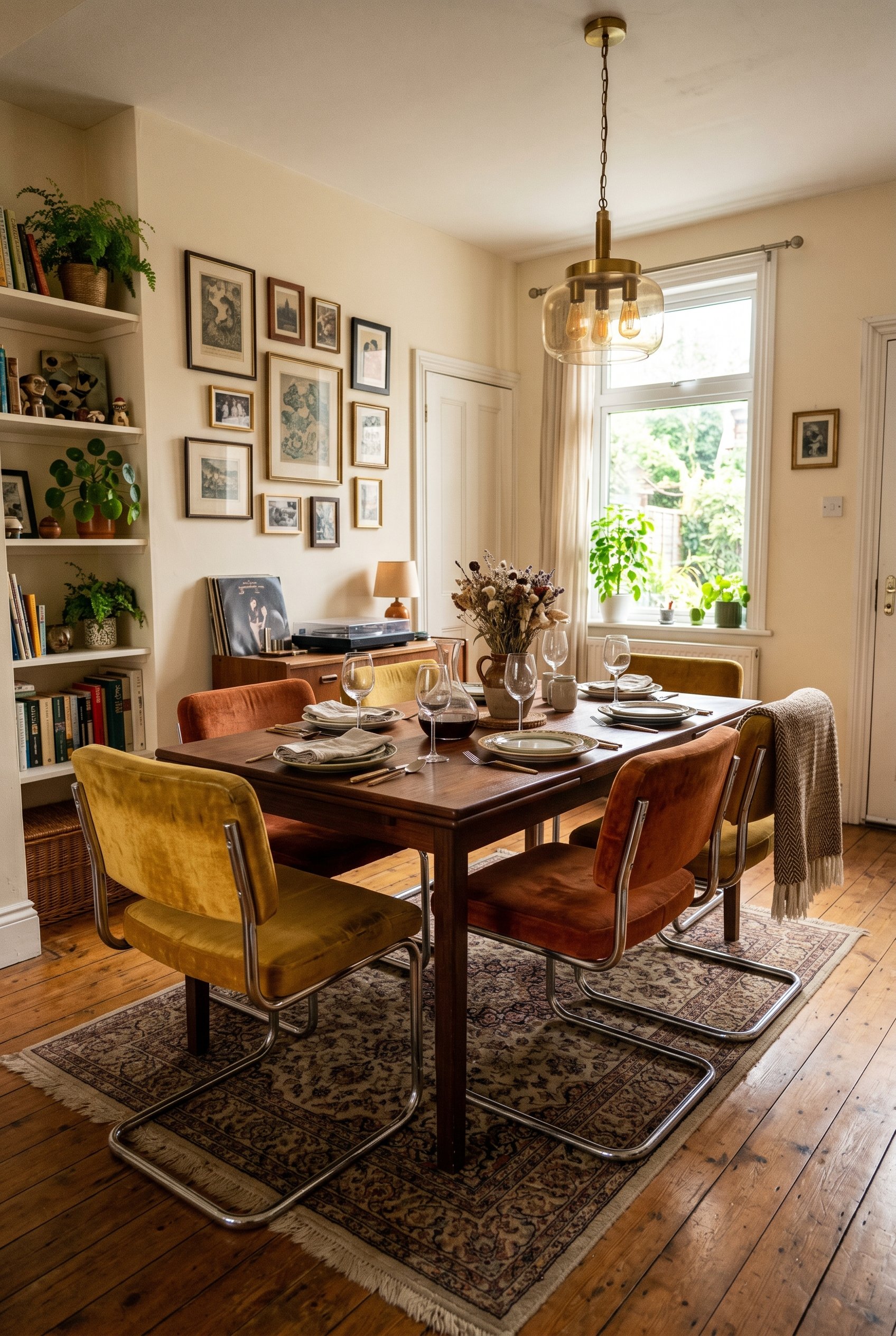 Photorealistic interior photo. Eclectic dining room featuring mismatched vintage 1970s cantilever chairs upholstered in mustard and rust velvet. Dark wood dining table. Editorial photography style, no
