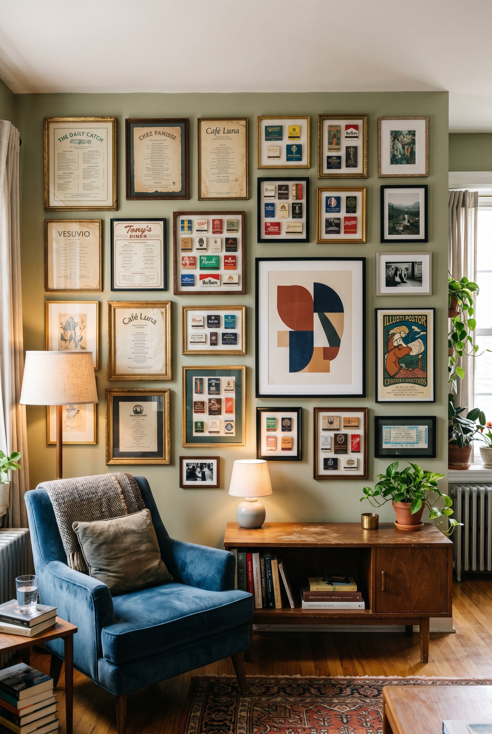 Photorealistic interior photo. Eclectic gallery wall featuring a mix of vintage menus, matchbook art, and large modern prints, soft ambient lighting, straight-on camera angle. Editorial photography st