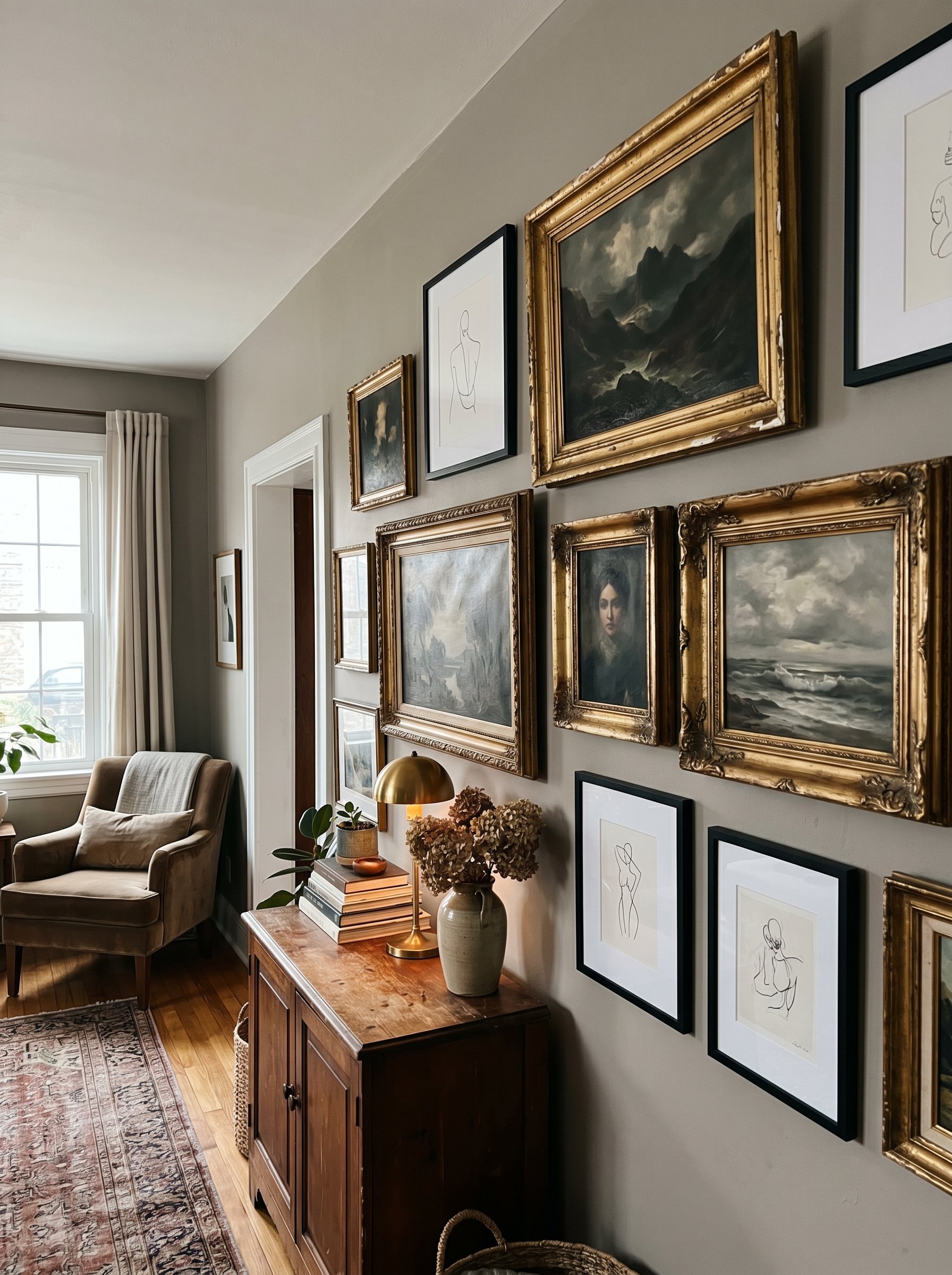 Photorealistic interior photo. Eclectic gallery wall featuring chipped vintage gilt frames and moody oil landscapes mixed with thin modern black frames, soft ambient lighting, low angle. Editorial pho