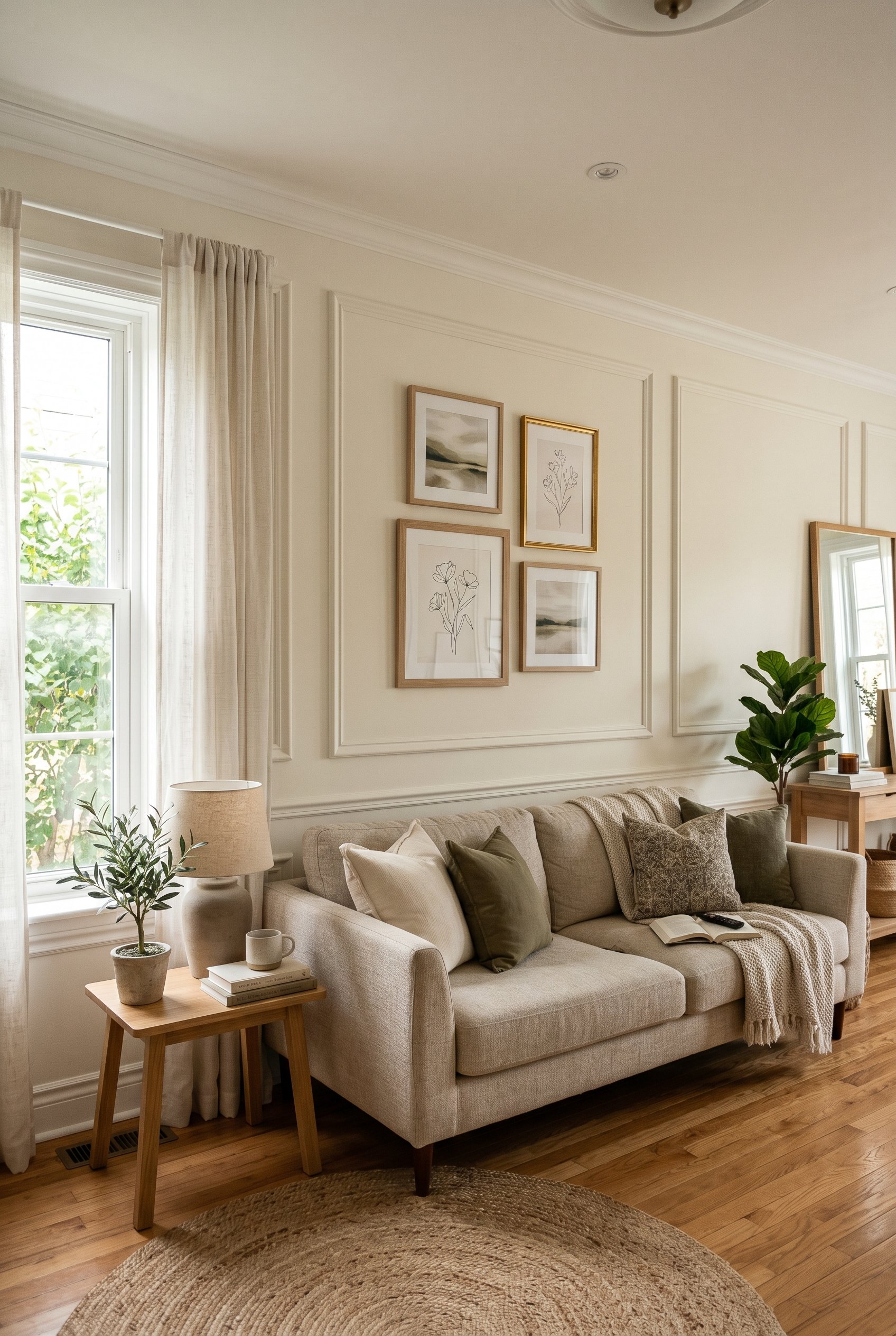 Photorealistic interior photo. Elegant living room wall featuring white faux picture molding painted the same color as the wall. Modern minimalist decor, natural daylight streaming in. Editorial photo