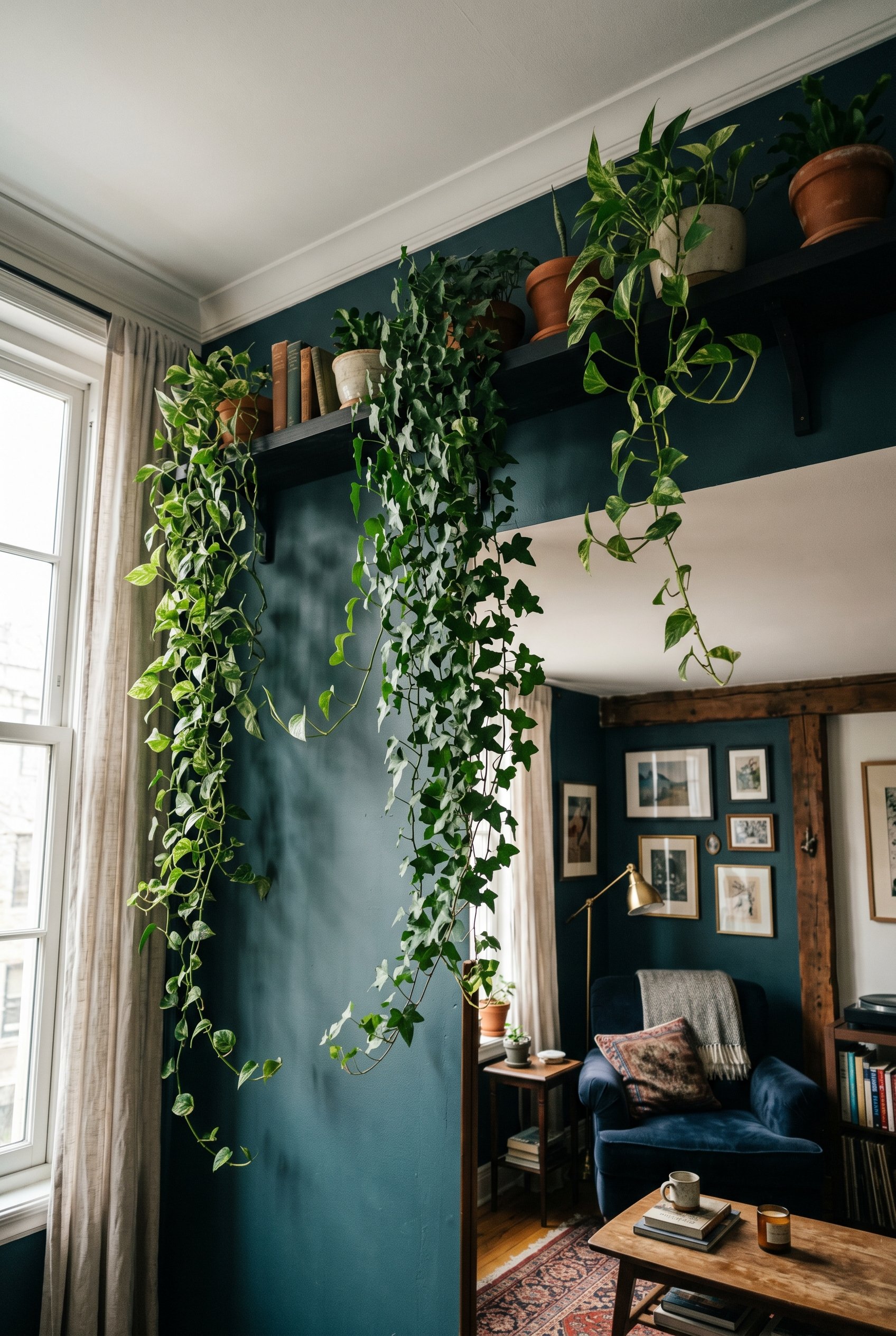 Photorealistic interior photo. English ivy and pothos trailing down from a dark top shelf in a moody living room. Soft indirect sunlight, upward camera angle. Editorial photography style, no people vi