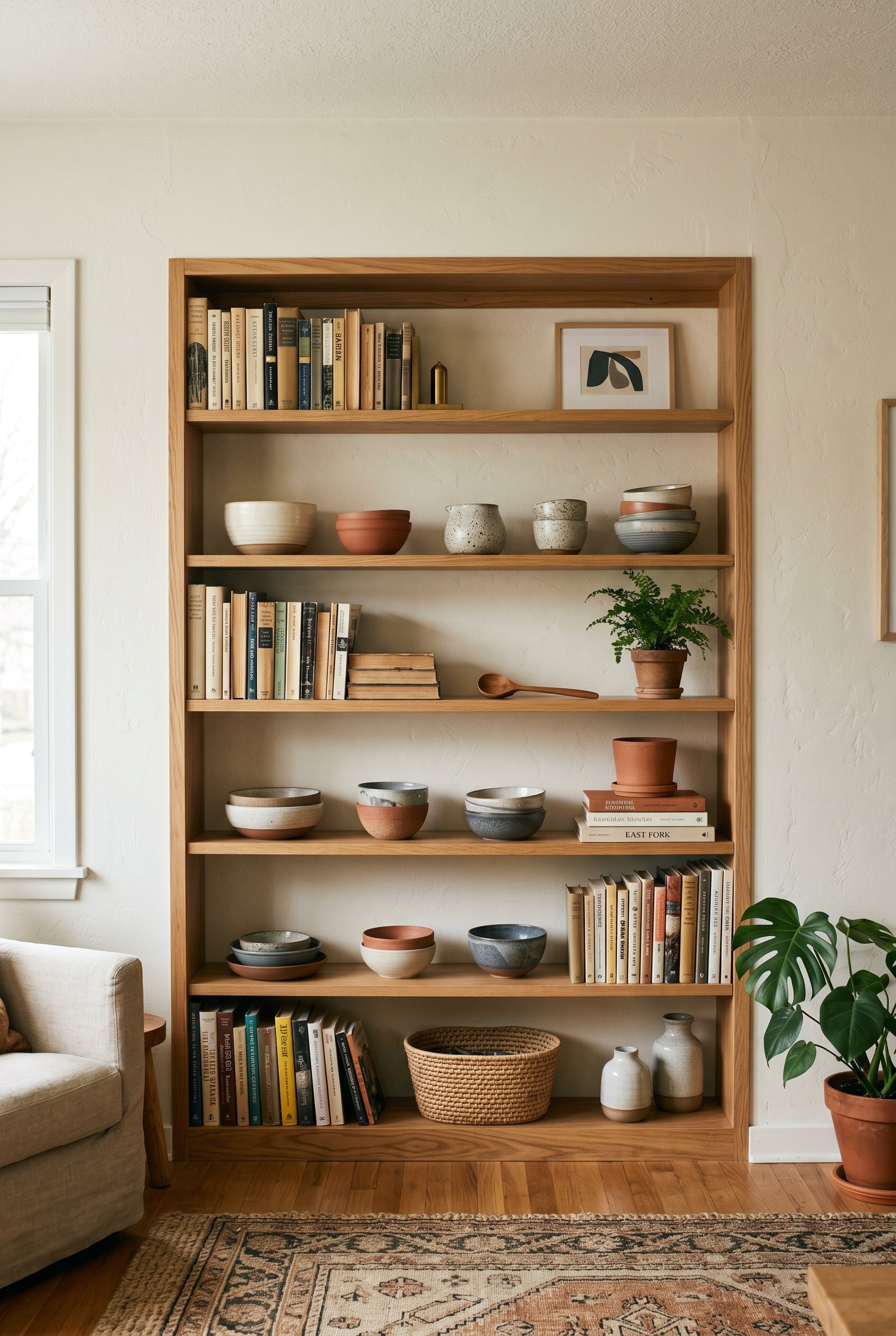 Photorealistic interior photo. Expertly styled wooden bookshelf with one-third books, one-third ceramic bowls, and empty space, soft diffused lighting, straight-on camera angle. Editorial photography