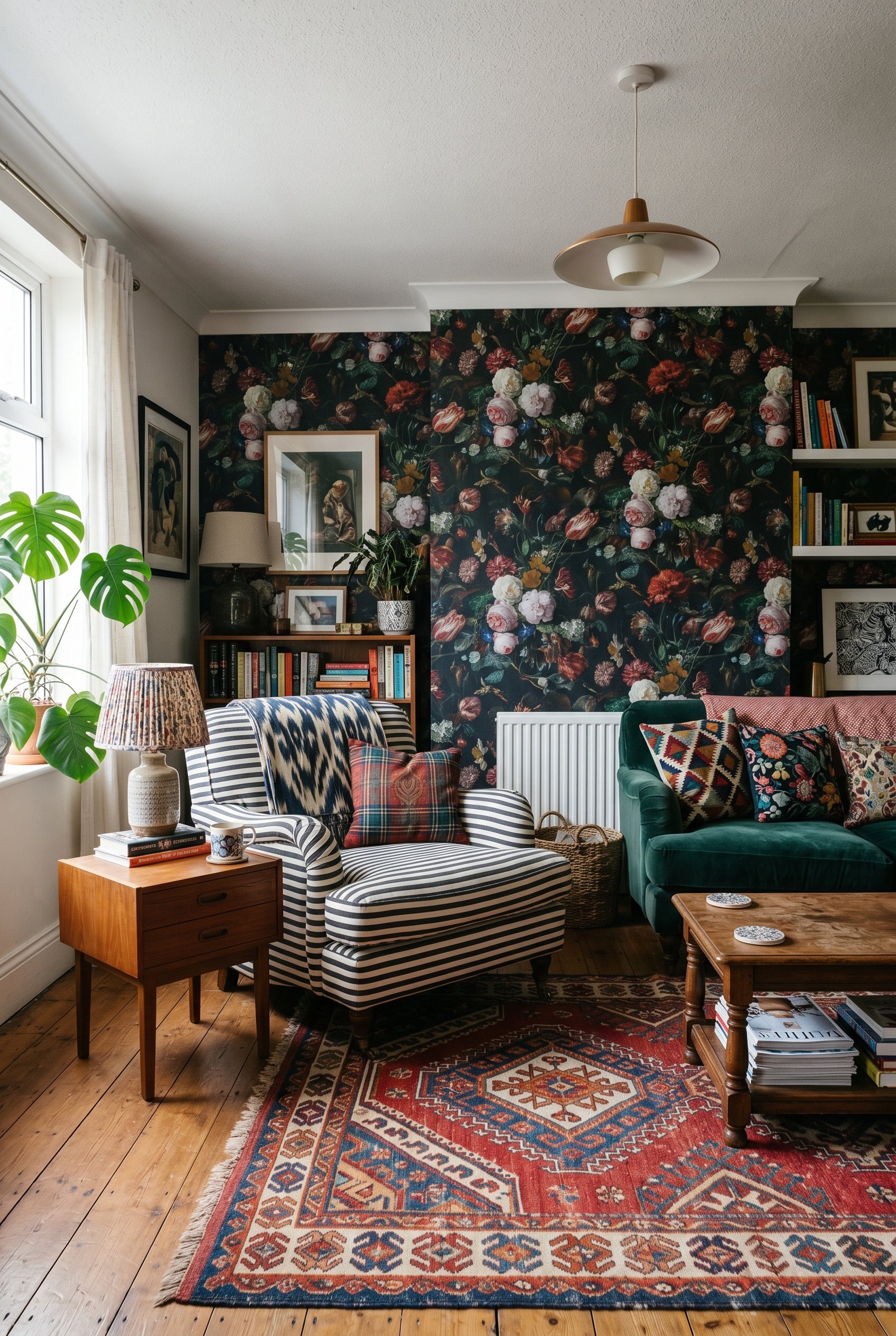 Photorealistic interior photo. Extreme pattern mixing in a living room. Large-scale dark floral wallpaper paired with a bold black-and-white striped armchair and a geometric Turkish rug. High contrast