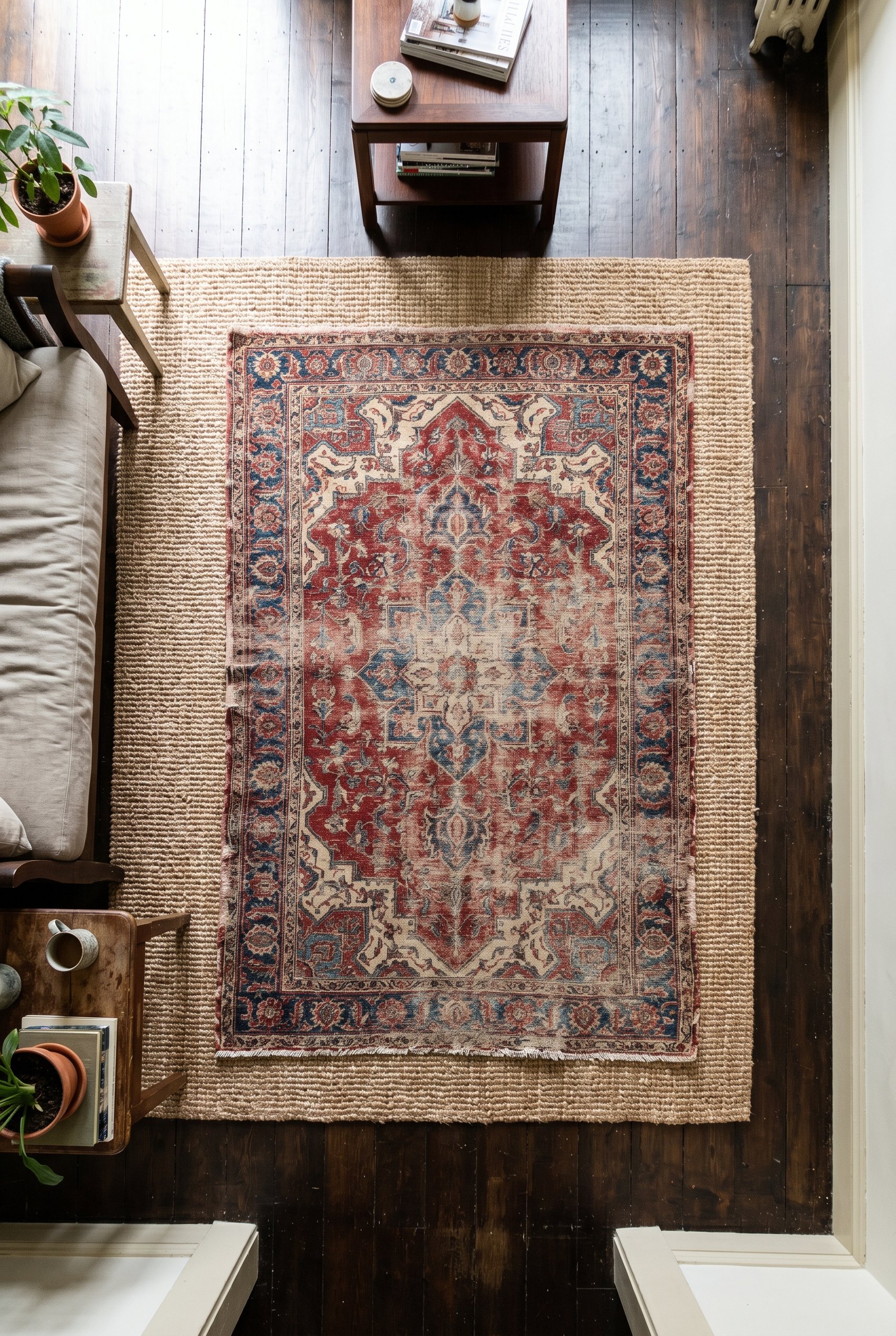 Photorealistic interior photo. Faded red and blue vintage Persian rug layered over a large natural sisal rug, dark wood floor, bright natural light, top-down angle. Editorial photography style, no peo