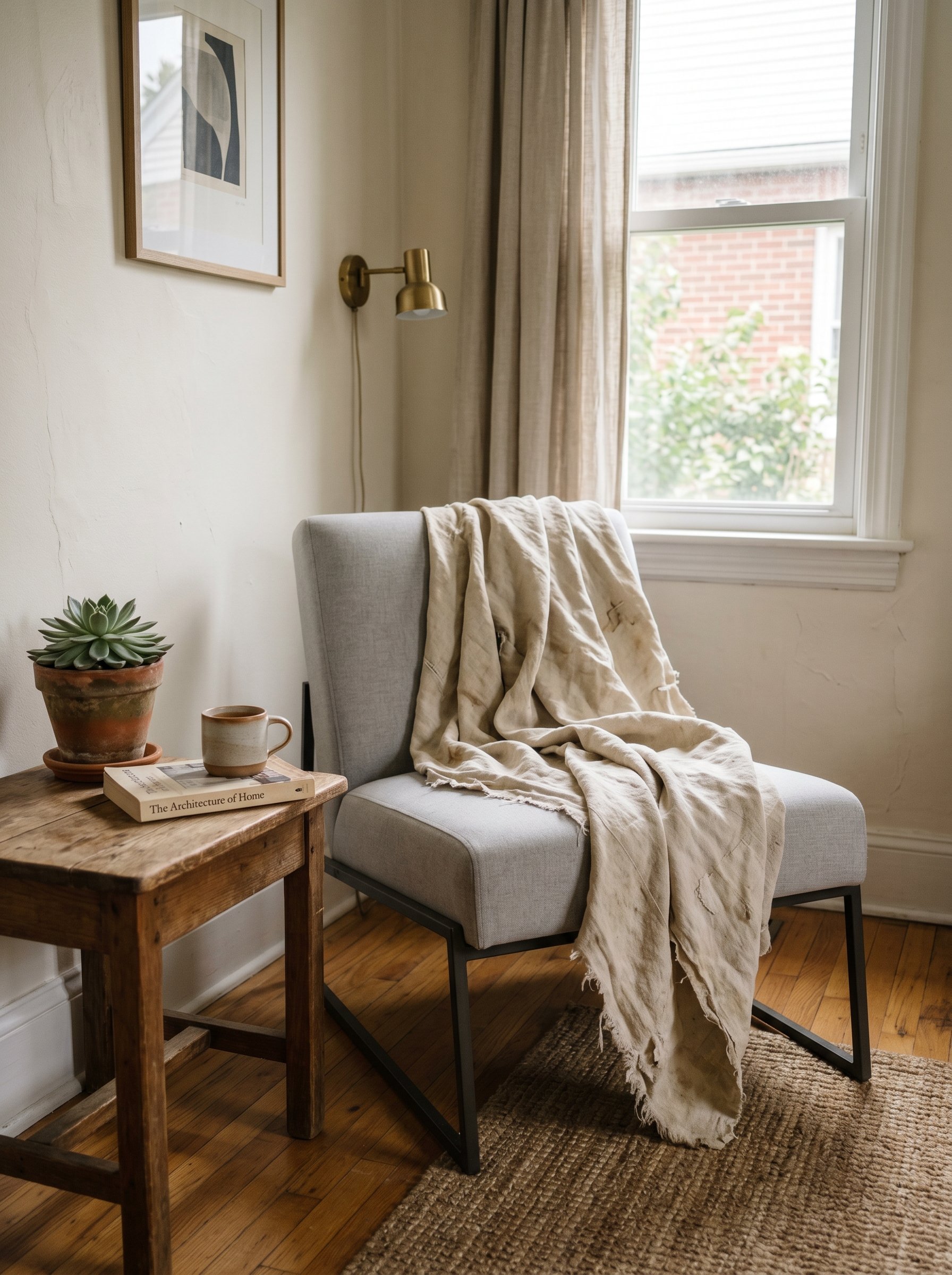 Photorealistic interior photo. Faded, tattered antique French linen draped effortlessly over a minimalist modern accent chair, soft diffused lighting, eye-level angle. Editorial photography style, no