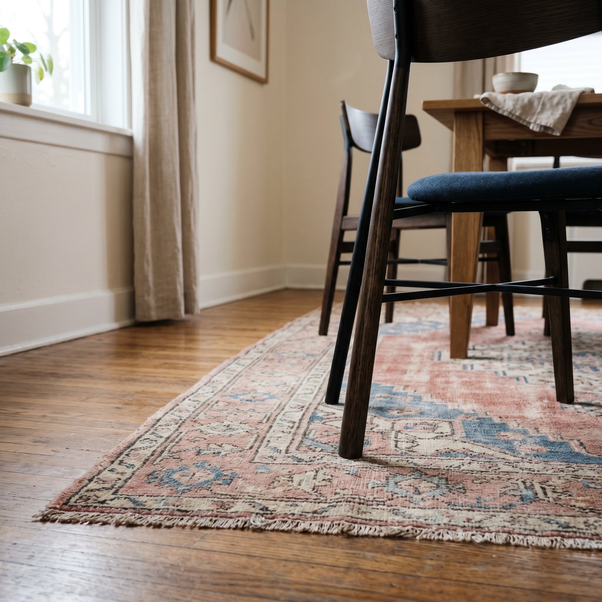 Photorealistic interior photo. Faded vintage Oushak wool rug under the leg of a modern dining chair, rich muted tones of pink and blue, natural lighting, low angle detail shot. Editorial photography s