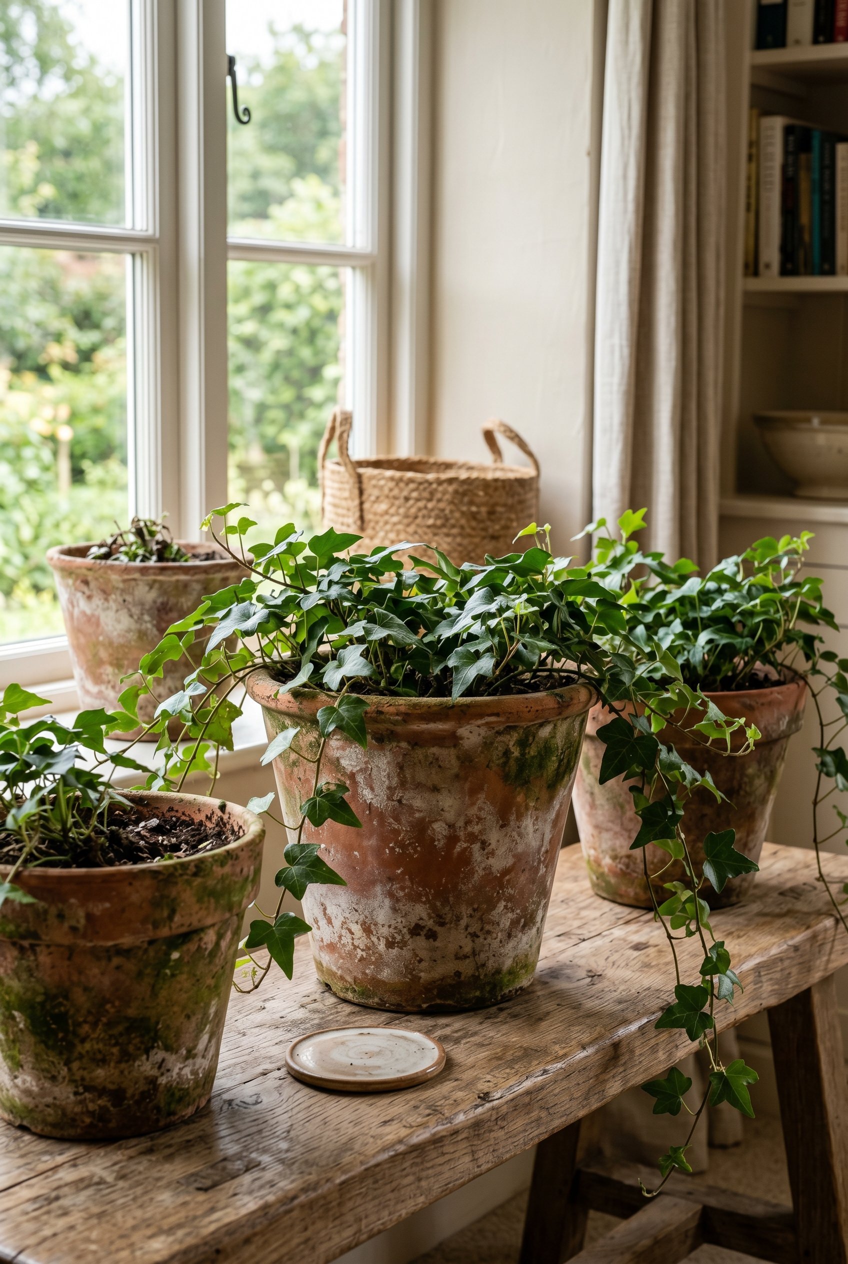 Photorealistic interior photo. Faux-aged terracotta clay pots with mossy, white-washed patina holding trailing ivy, rustic outdoor setting, close-up texture shot. Editorial photography style, no peopl