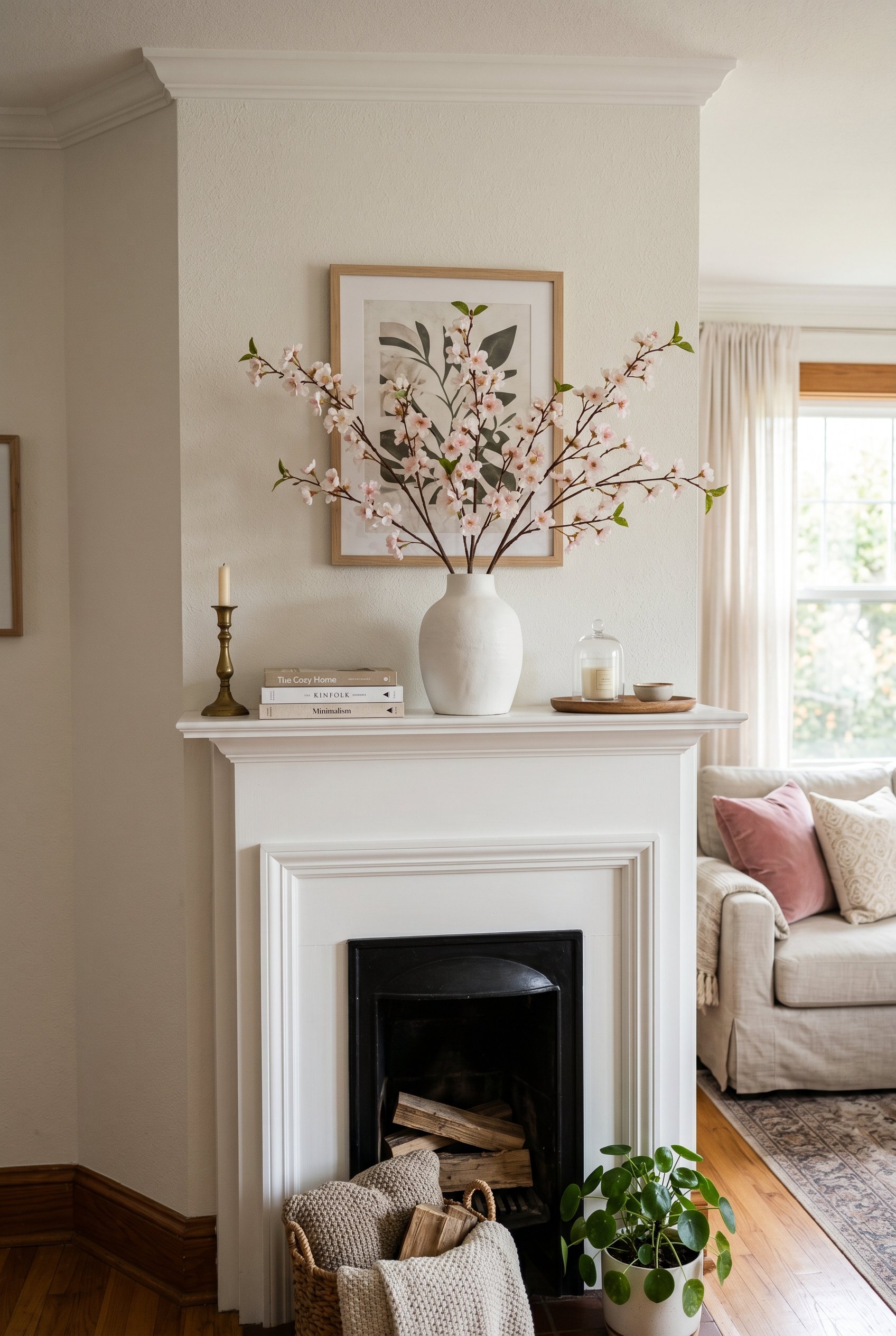 Photorealistic interior photo. Faux cherry blossom branches in a modern white ceramic vase on a bright white fireplace mantle. Natural morning lighting, straight-on camera angle. Editorial home design