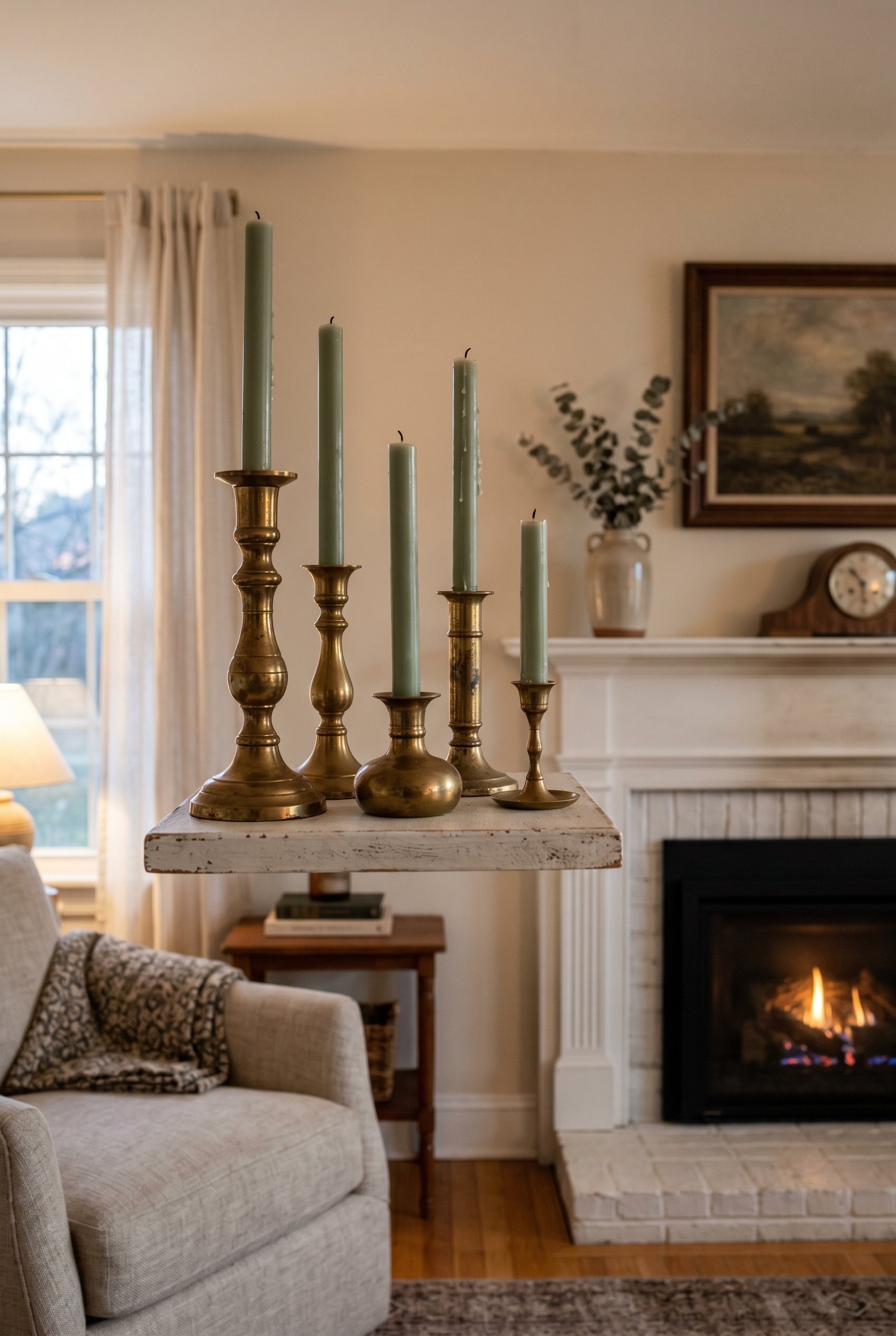 Photorealistic interior photo. Five mismatched vintage brass candlesticks holding sage green taper candles, grouped asymmetrically on the left side of a white mantle. Soft evening lighting, angled sho