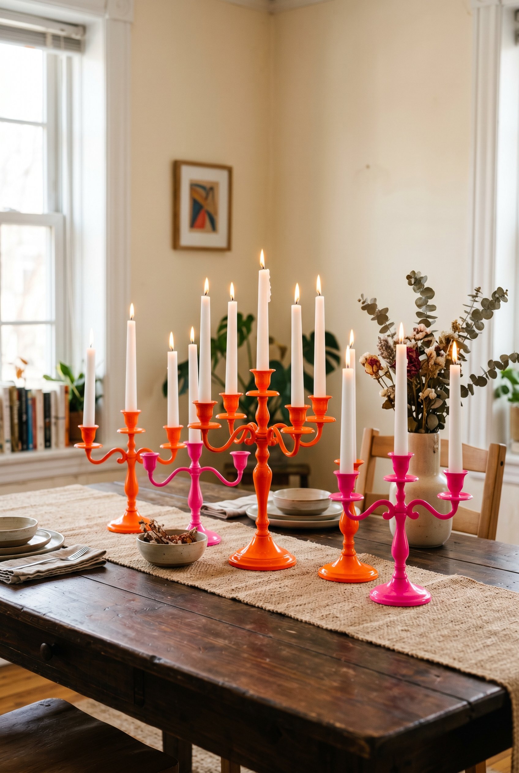 Photorealistic interior photo. Five thrifted candelabras spray-painted high-gloss safety orange and neon pink sitting on a dark wooden dining table. White taper candles. Editorial photography style, n