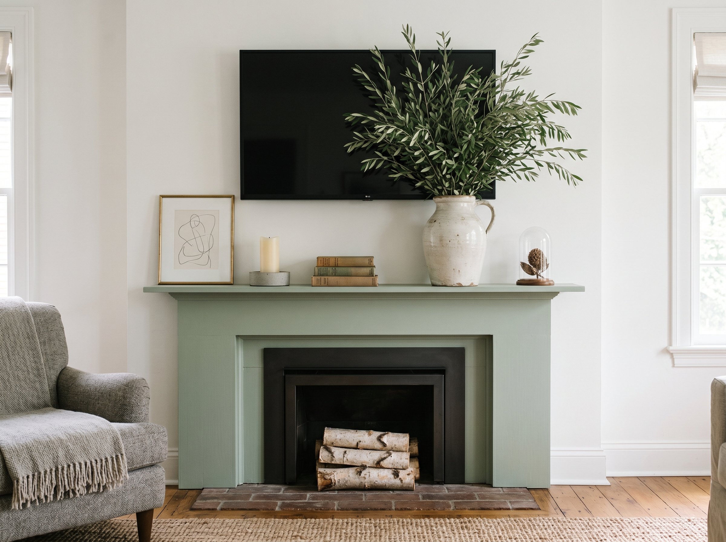 Photorealistic interior photo. Flat-screen TV mounted above a painted mantel. A tall, wide ceramic jug filled with dense olive branches sits directly in the center below the TV, completely obscuring t