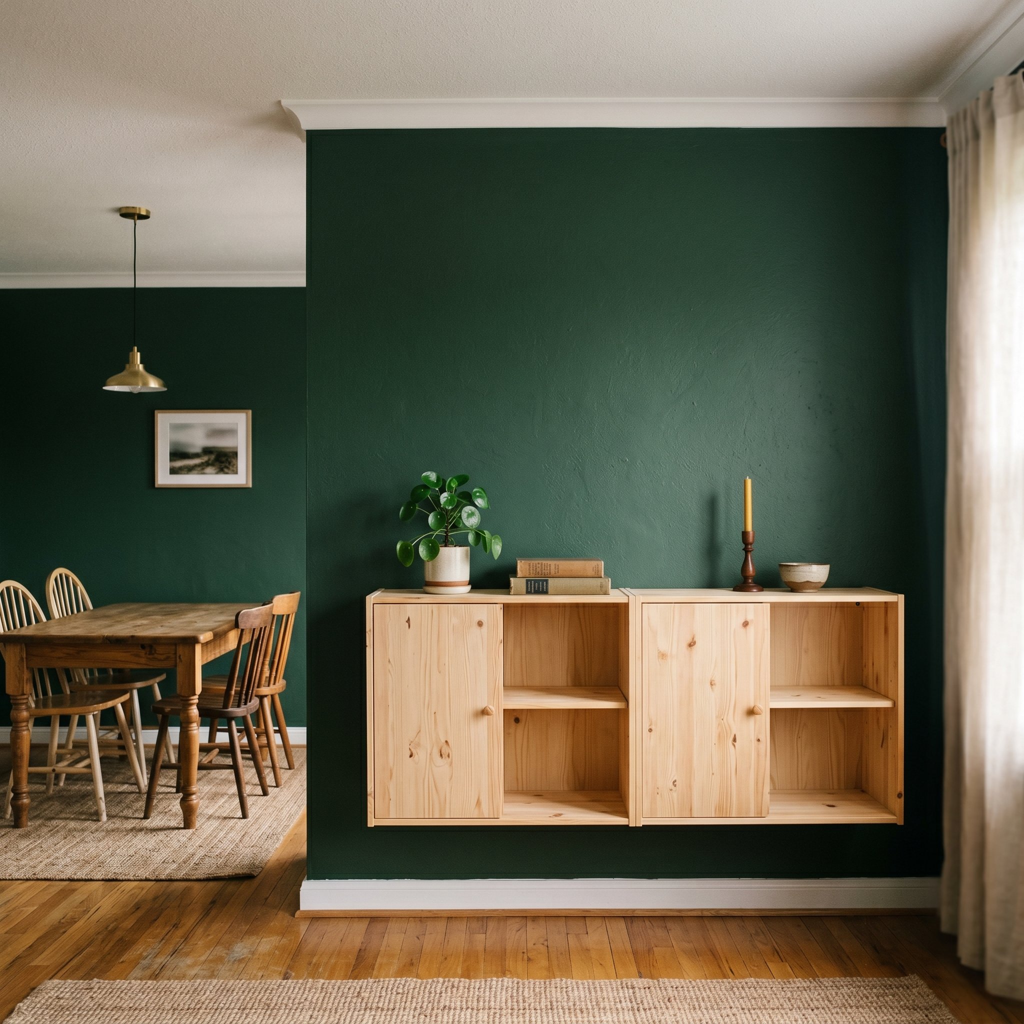 Photorealistic interior photo. Floating Ivar-style wooden cabinets mounted to a deep green wall, serving as a dining room sideboard, minimal decor on top, soft diffused lighting, straight-on camera an