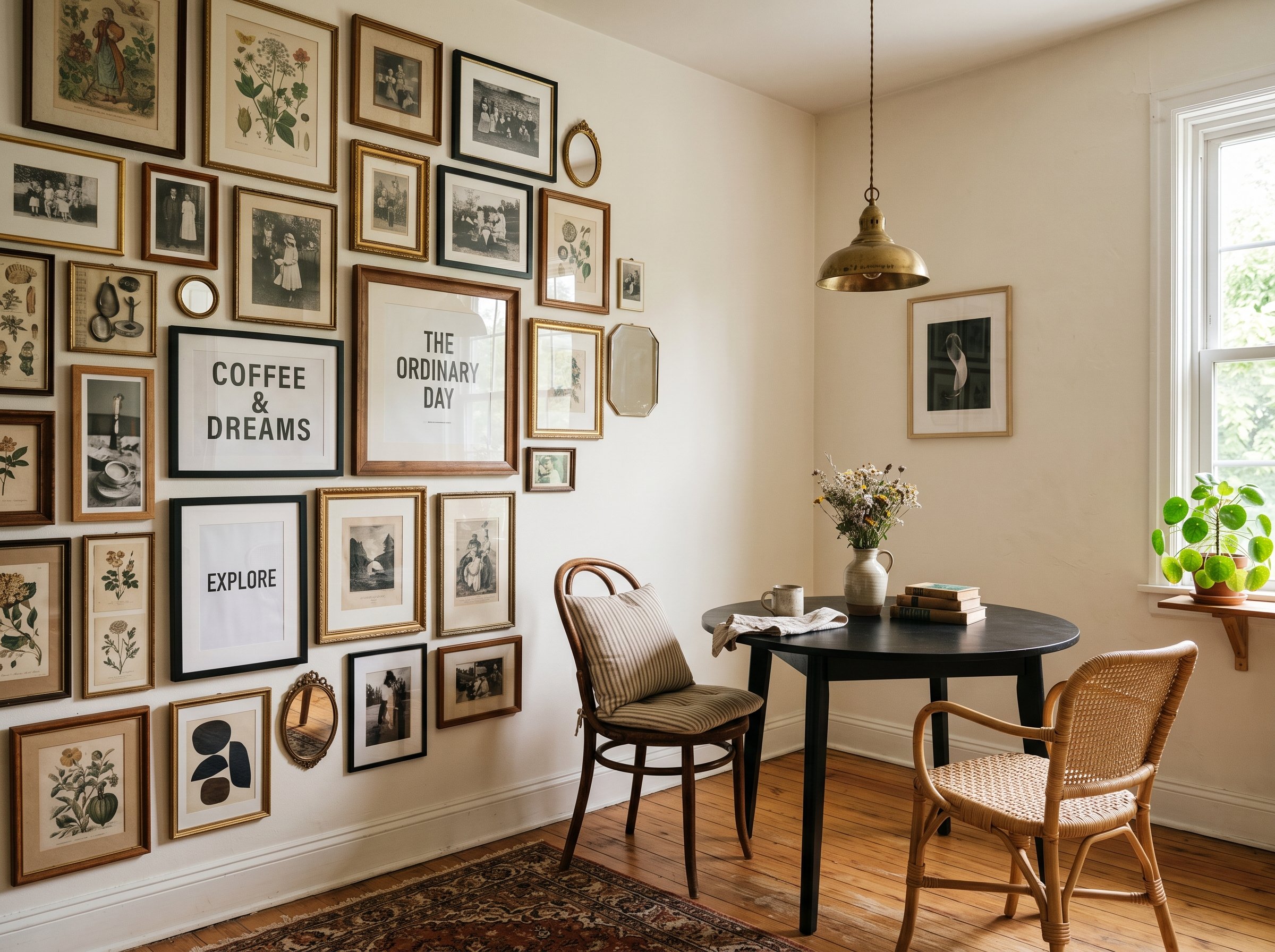 Photorealistic interior photo. Floor-to-ceiling asymmetrical gallery wall featuring vintage art and typography, directly next to a compact dining nook with a small black table, eclectic styling, strai