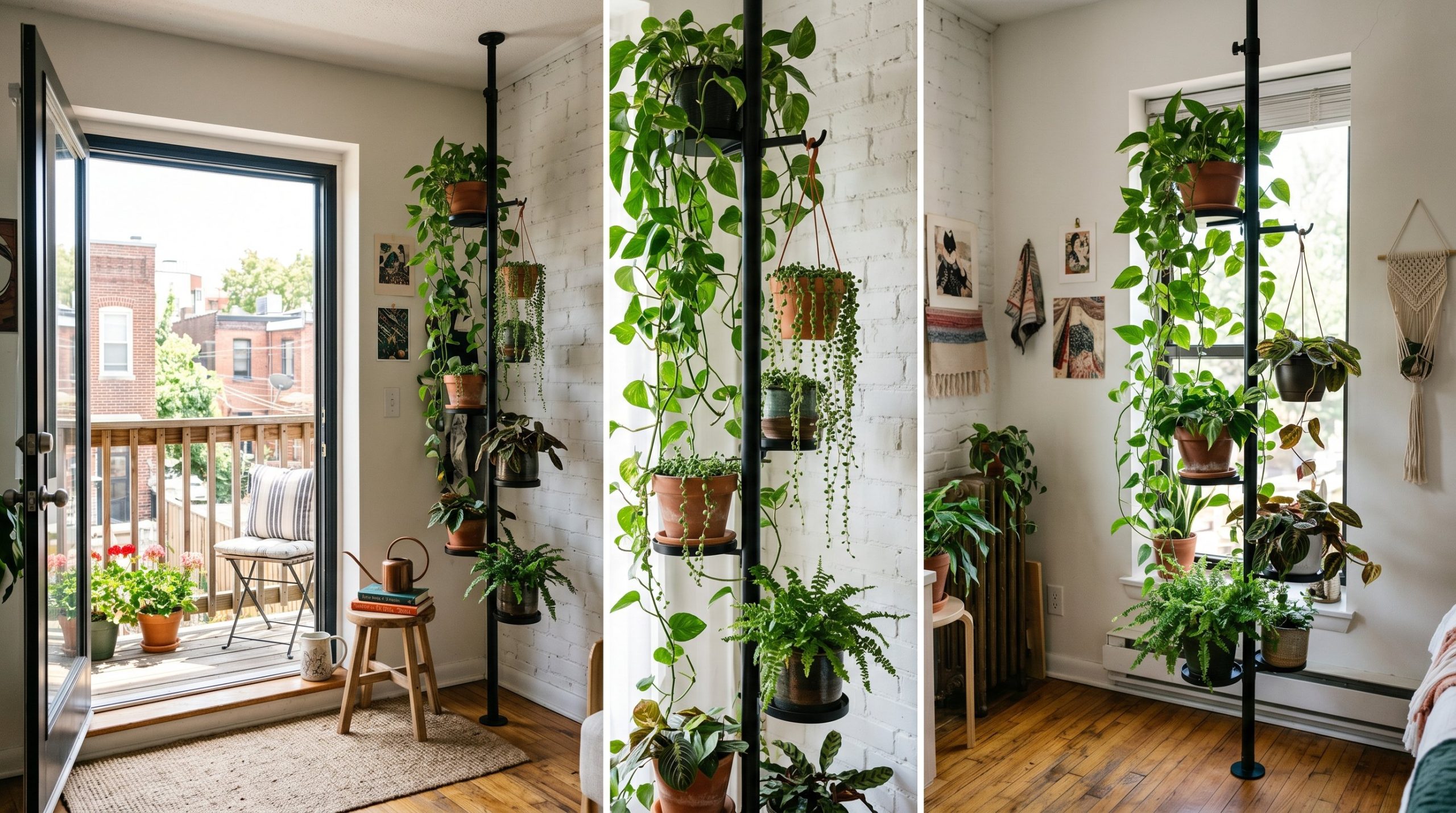 Photorealistic interior photo. Floor-to-ceiling black metal tension pole plant stand holding trailing pothos and string of pearls, small balcony corner, bright daylight. Editorial photography style, n