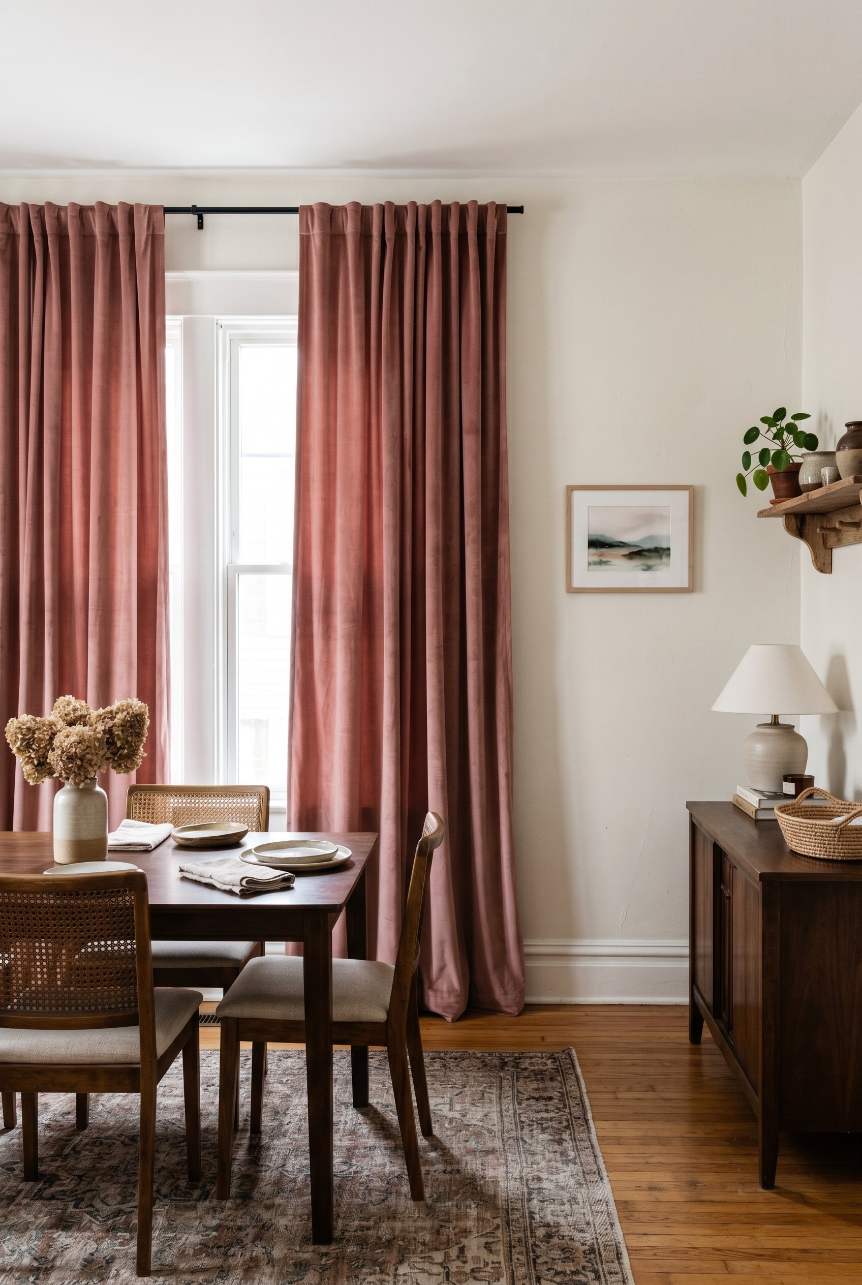 Photorealistic interior photo. Floor-to-ceiling dusty rose velvet curtains covering a large window in a dining room, neutral walls, natural bright sunlight, wide camera angle. Editorial photography st