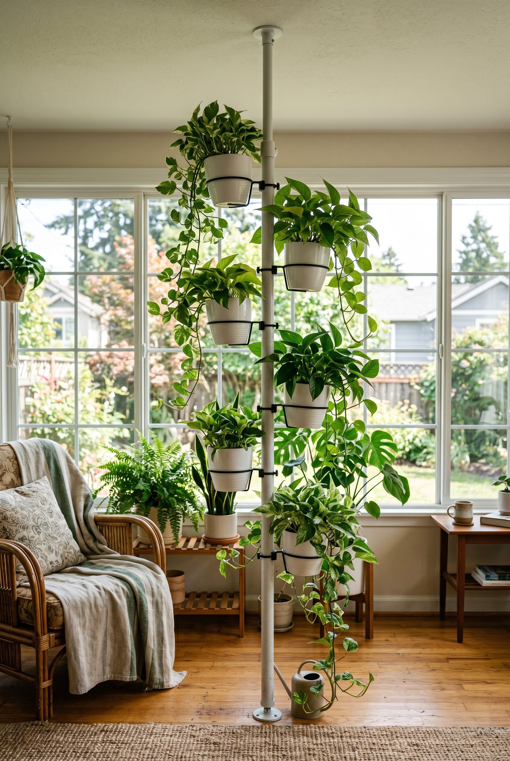 Photorealistic interior photo. Floor-to-ceiling metal tension pole displaying multiple trailing pothos plants in white pots, sunroom setting. Editorial photography style, no people visible.