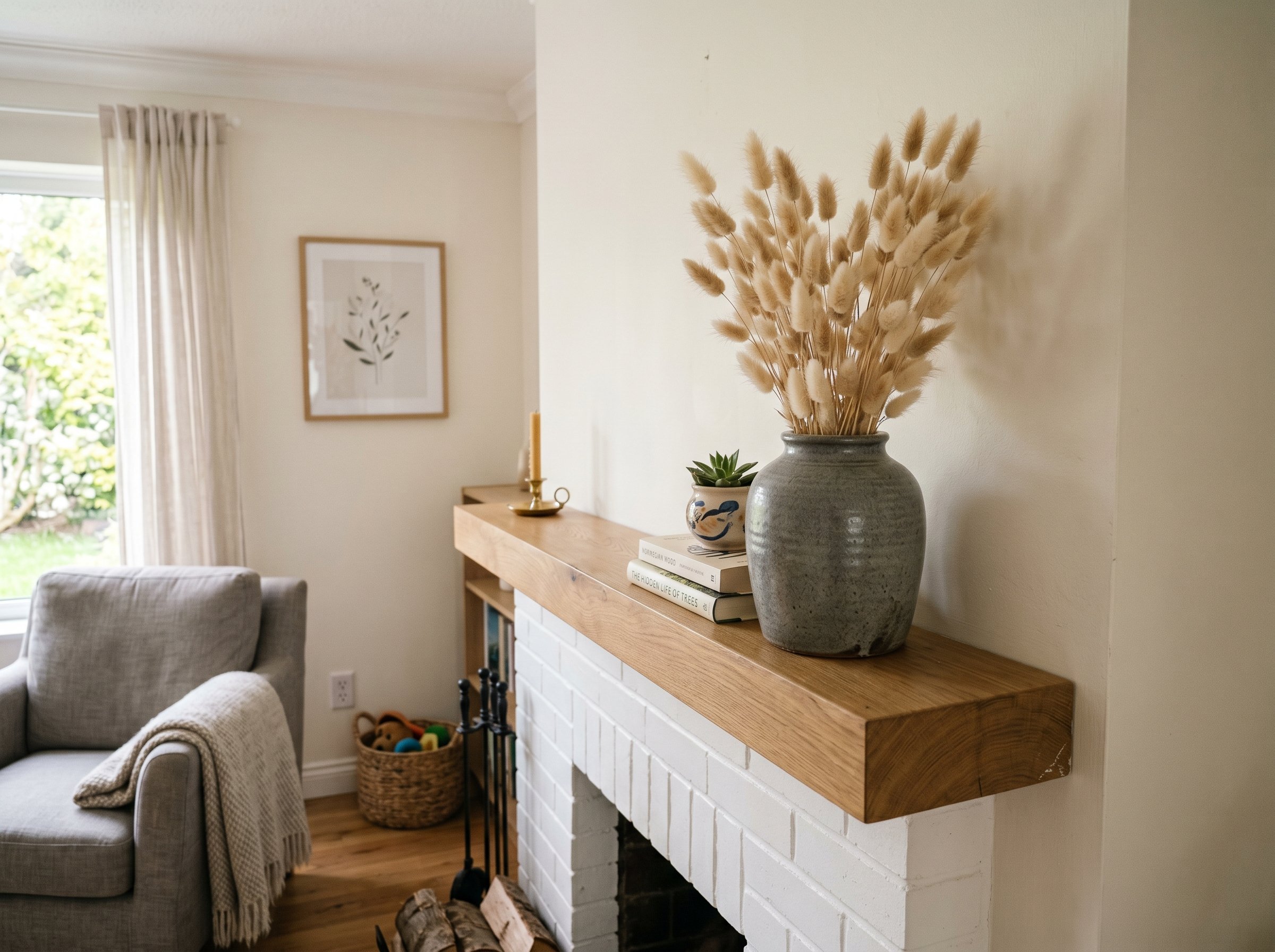 Photorealistic interior photo. Fluffy dried bunny tail grass in a heavy grey stoneware vase on a minimalist wood mantle. Bright natural spring lighting, angled shot. Editorial photography style, no pe