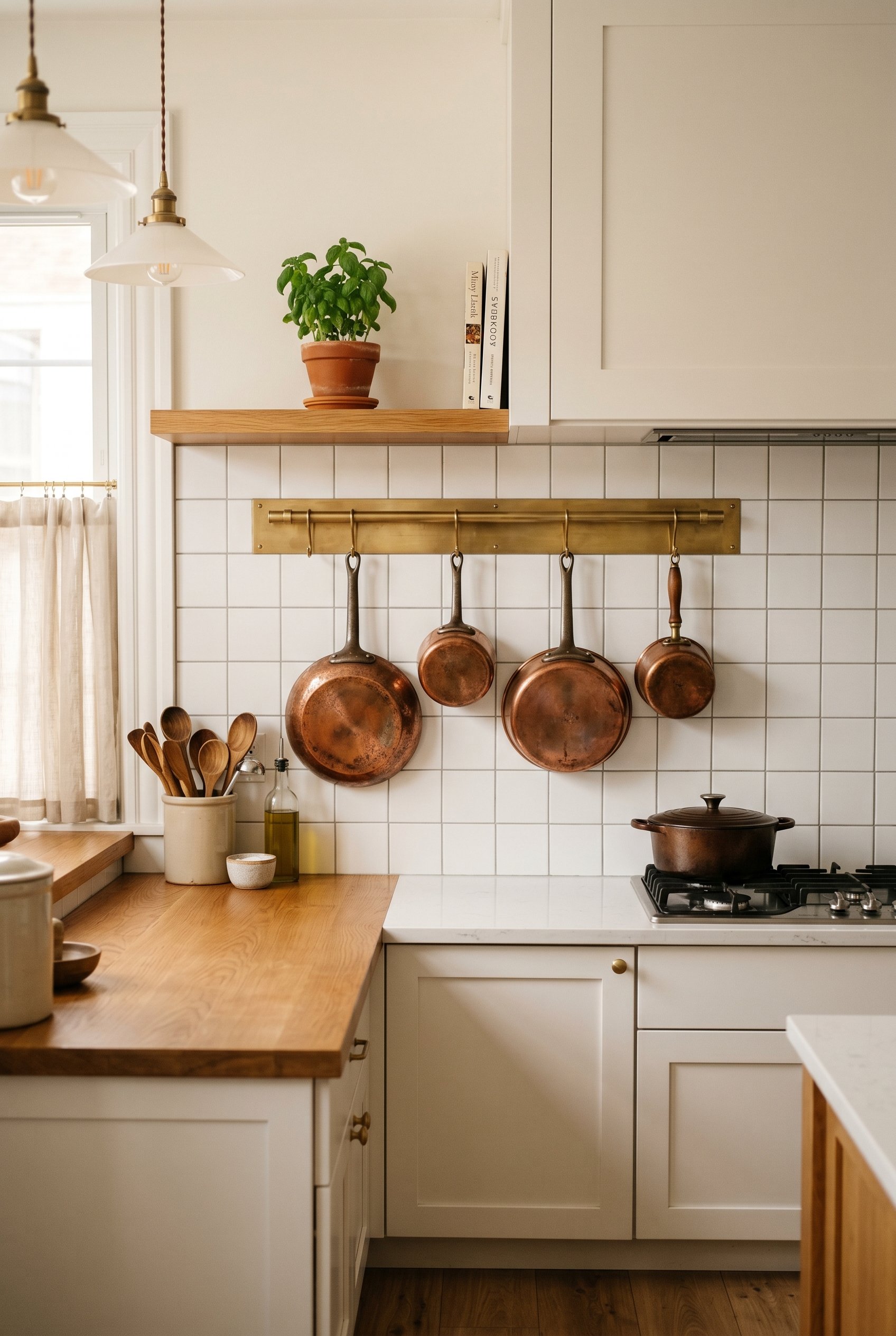 Photorealistic interior photo. Flush-mounted brass utensil rail integrated perfectly into a white tile backsplash. Modern kitchen, hanging copper pots, warm lighting, straight-on shot. Editorial photo