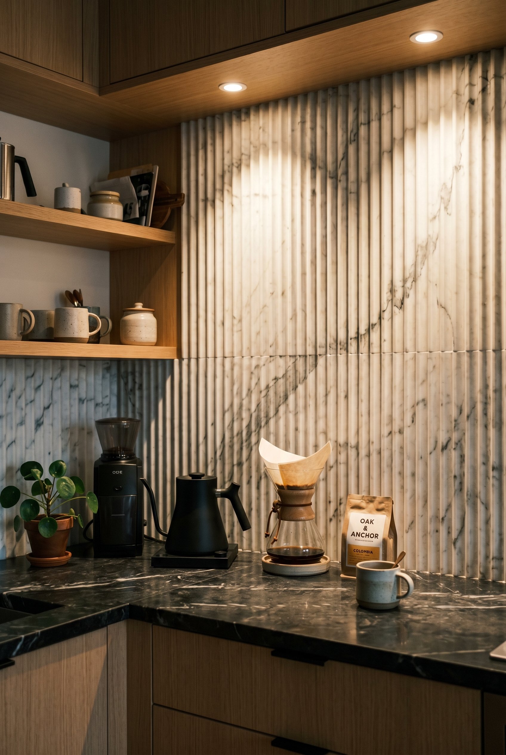 Photorealistic interior photo. Fluted natural marble stone backsplash at a sleek modern coffee bar. Deep shadows highlighting the ridges, directional spotlighting, angled shot. Editorial photography s
