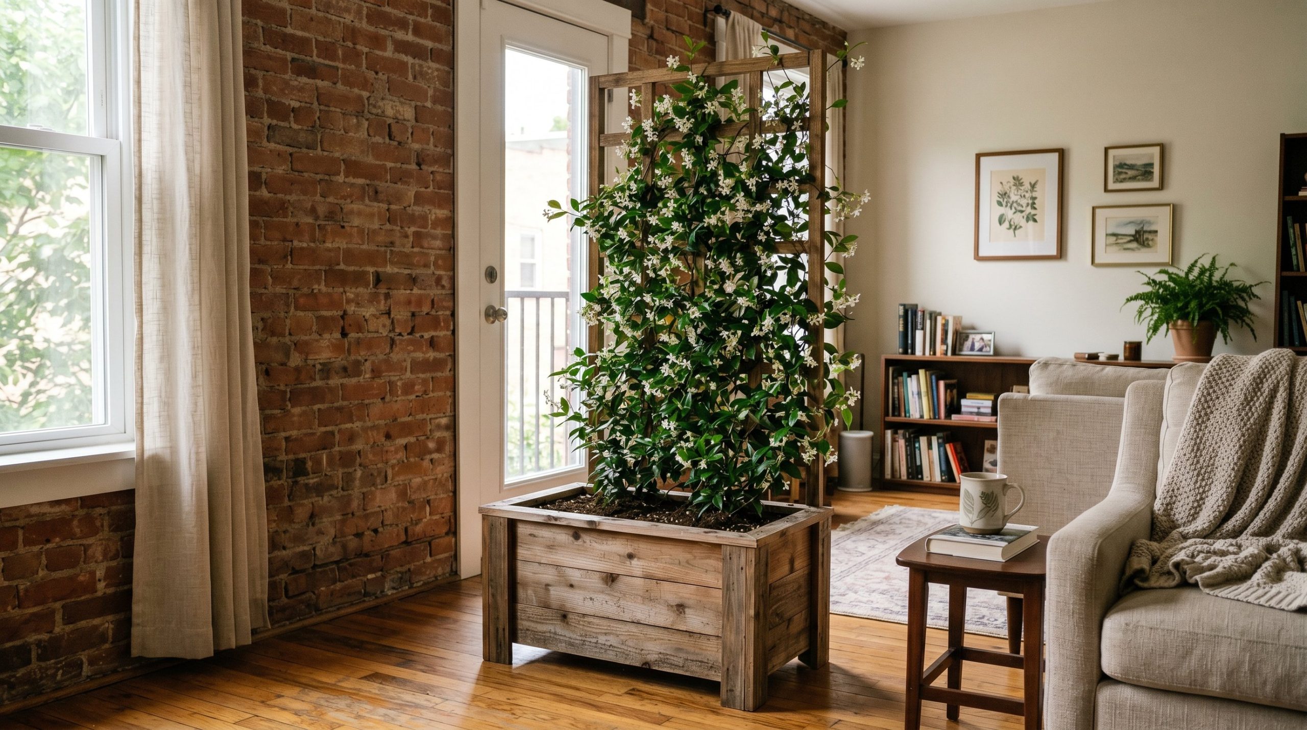 Photorealistic interior photo. Freestanding wood planter box with a tall trellis covered in blooming star jasmine, rustic brick wall background, soft morning light. Editorial photography style, no peo