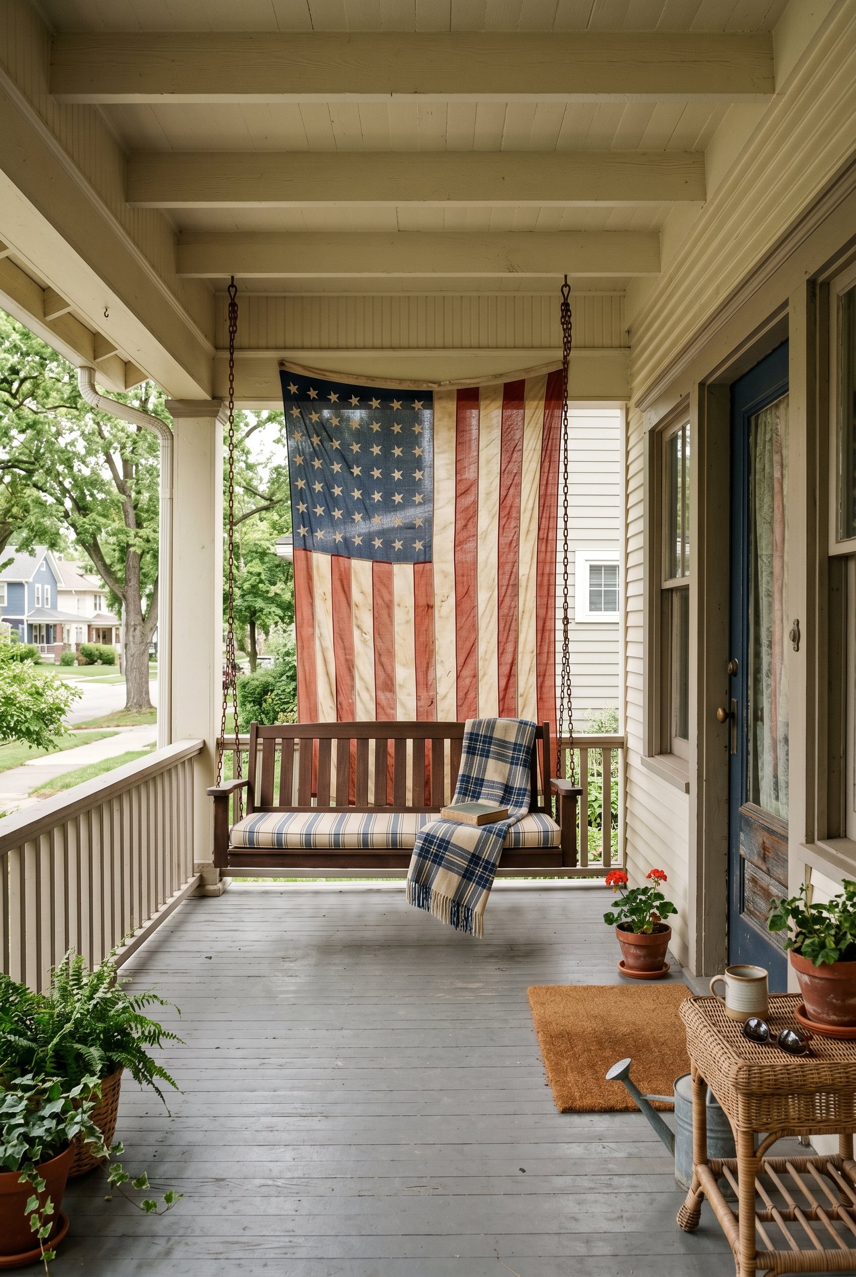 Photorealistic interior photo. Front porch with a massive, weathered vintage 48-star cotton flag hung casually behind a wooden porch swing, natural daylight, wide camera angle. Editorial photography s