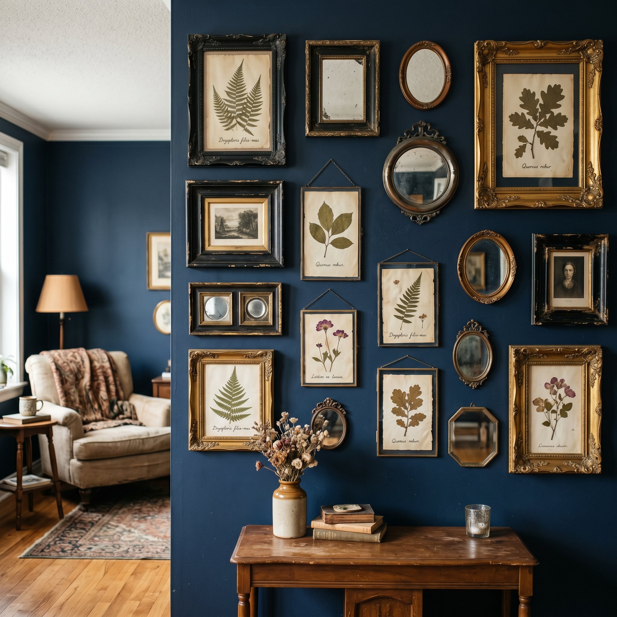 Photorealistic interior photo. Gallery wall on a dark blue background, featuring ornate black and gold frames, pressed botanicals, and small antique mirrors. Soft ambient lighting, straight-on camera 
