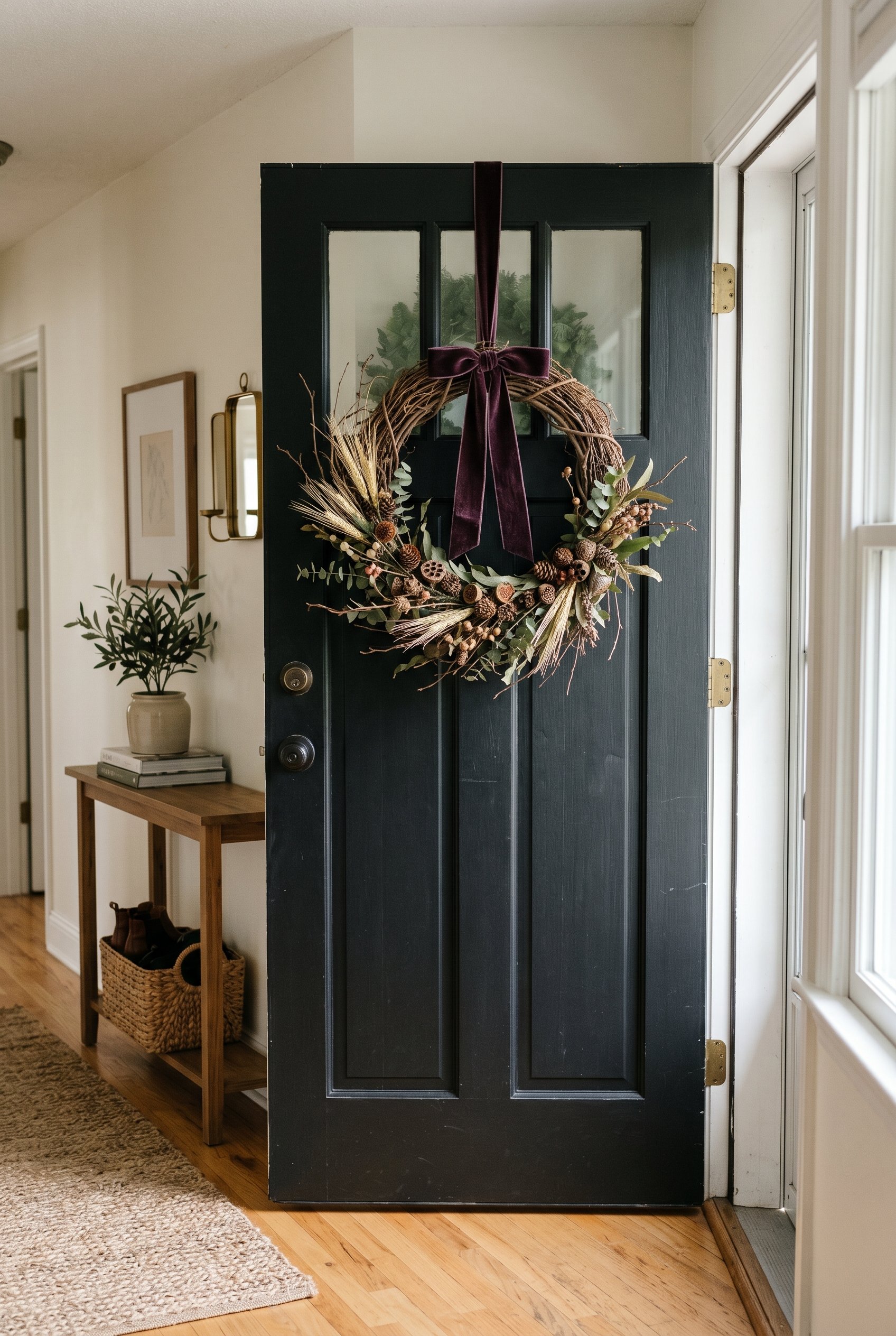 Photorealistic interior photo. Grapevine wreath hanging on a matte black door, filled with dried wheat, dead twigs, and pinecones, tied with a dark plum velvet ribbon, natural soft lighting, straight-