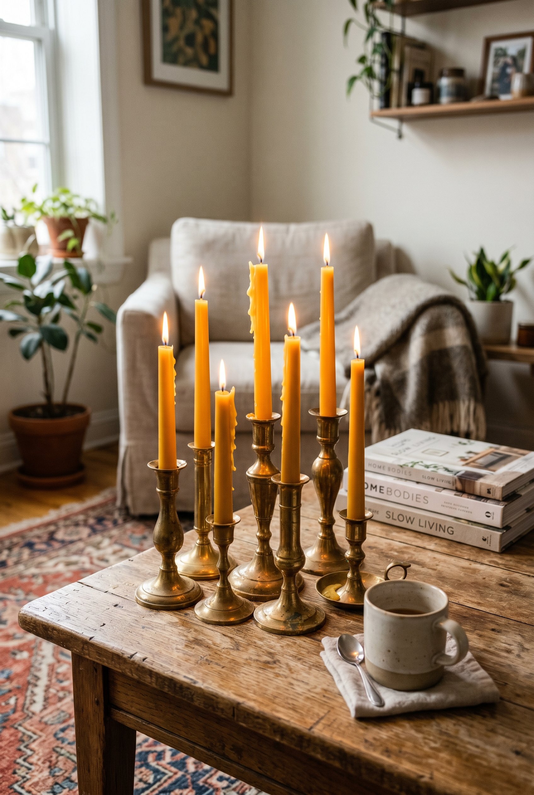 Photorealistic interior photo. Grouping of seven mismatched vintage brass candlesticks on a wooden coffee table, varying heights, burning deep yellow beeswax taper candles, glowing warm lighting, clos