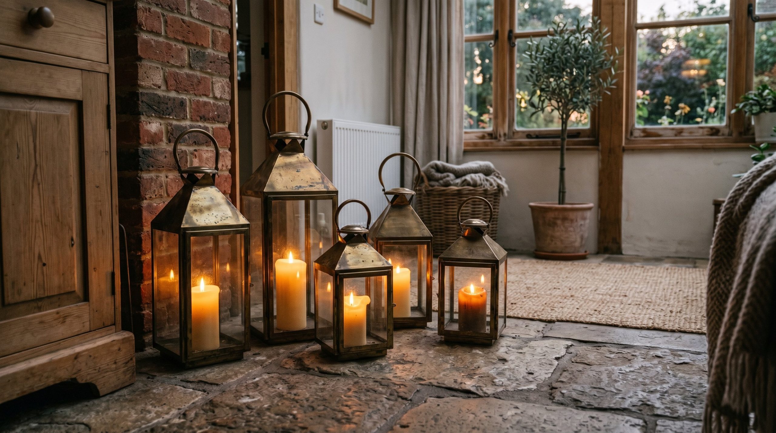 Photorealistic interior photo. Grouping of tarnished brass vintage lanterns with glowing pillar candles inside, sitting on uneven stone pavers, twilight mood. Editorial photography style, no people vi