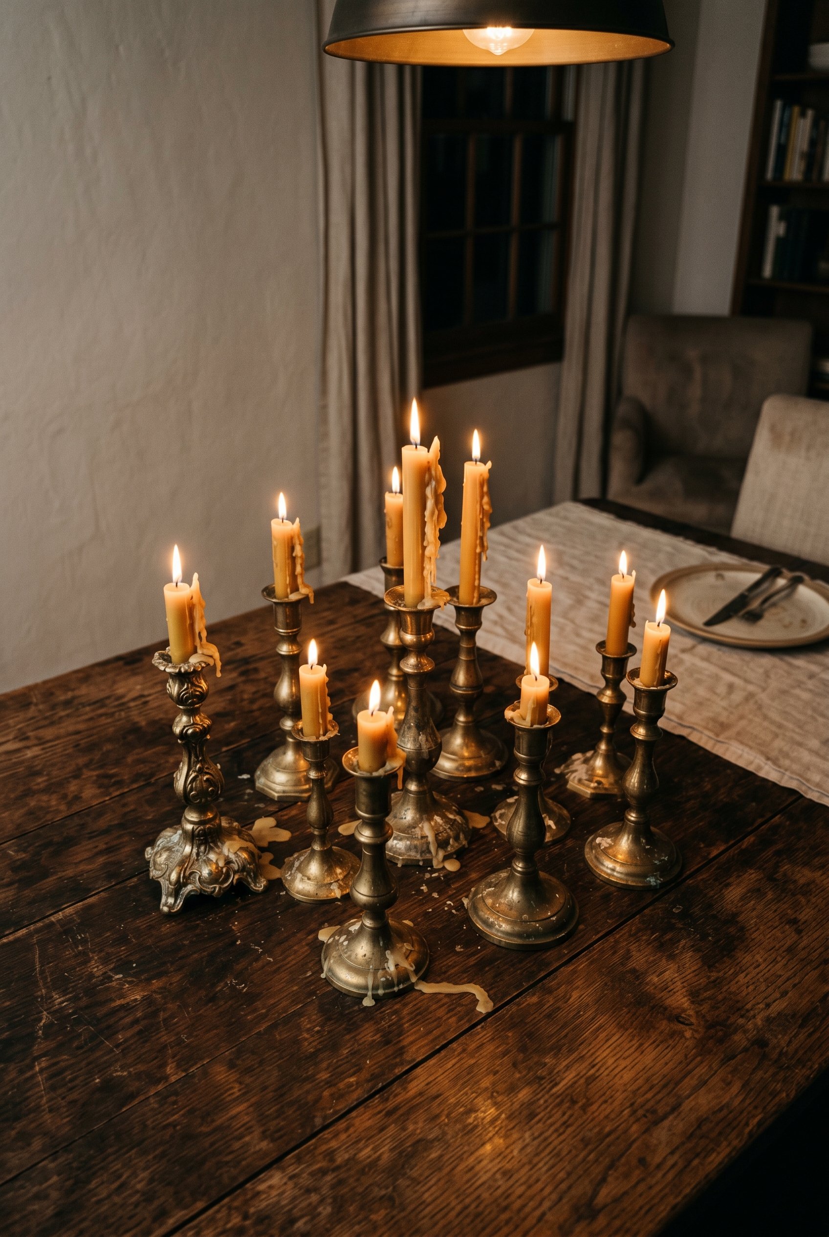 Photorealistic interior photo. Grouping of tarnished, mismatched brass candlesticks with half-melted wax on a dark wood dining table, moody dramatic lighting, overhead angle. Editorial photography sty