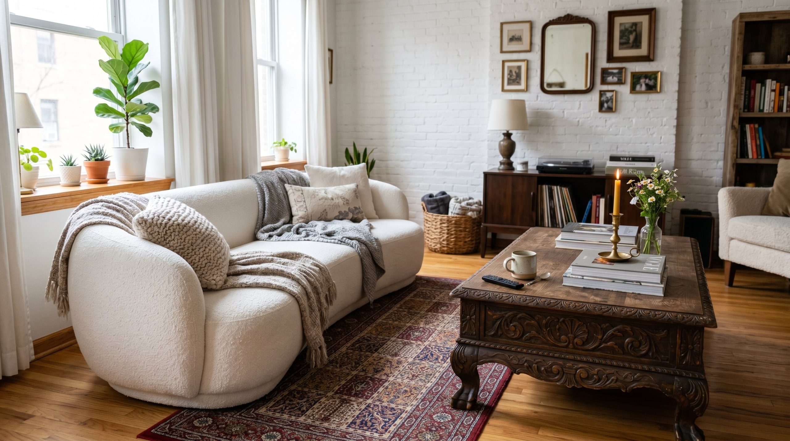 Photorealistic interior photo. Half of the living room features a pristine, ultra-modern curved white sofa. The other half features a heavy, ornate 1920s carved wood coffee table. Natural sunlight, ed