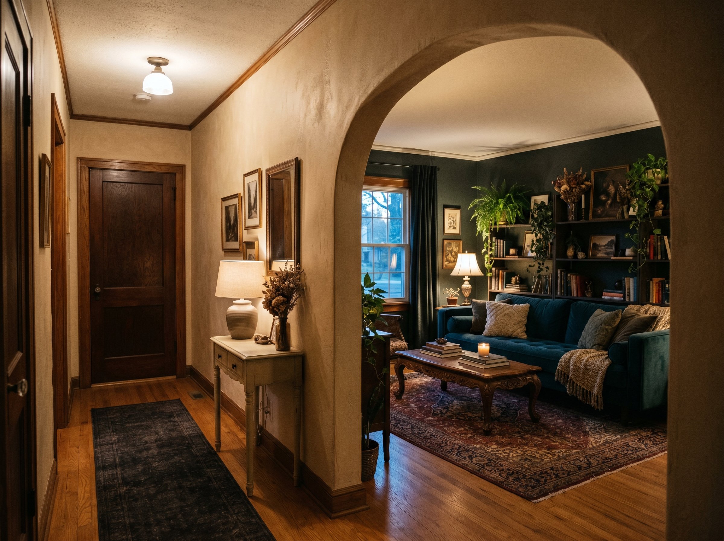 Photorealistic interior photo. Hallway featuring a custom architectural soft archway leading into a moody, whimsigoth living room. Editorial photography style, architectural focus, depth of field, no